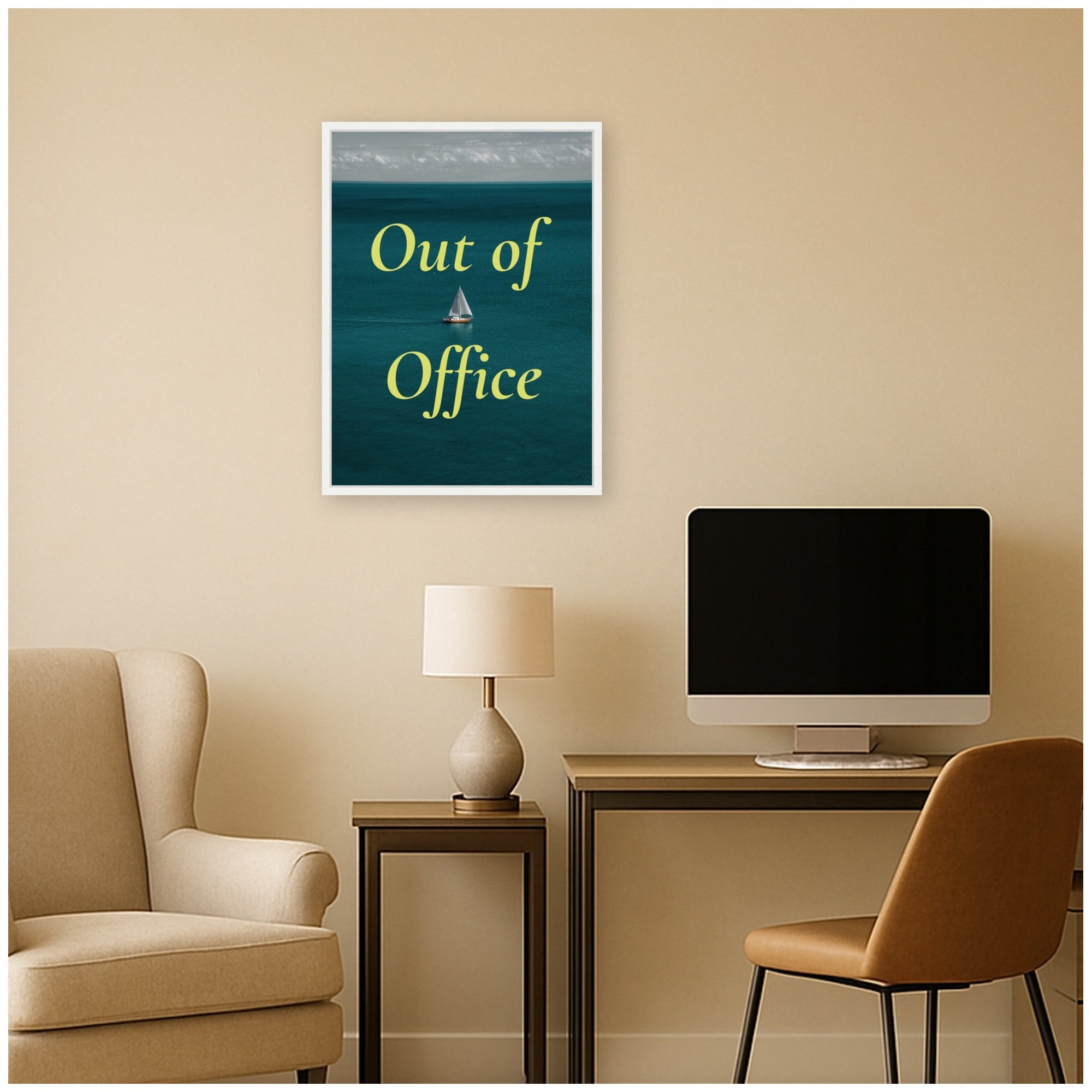 Out Of Office Boat Landscape by Megan Ryan Framed Canvas Wall Art Print