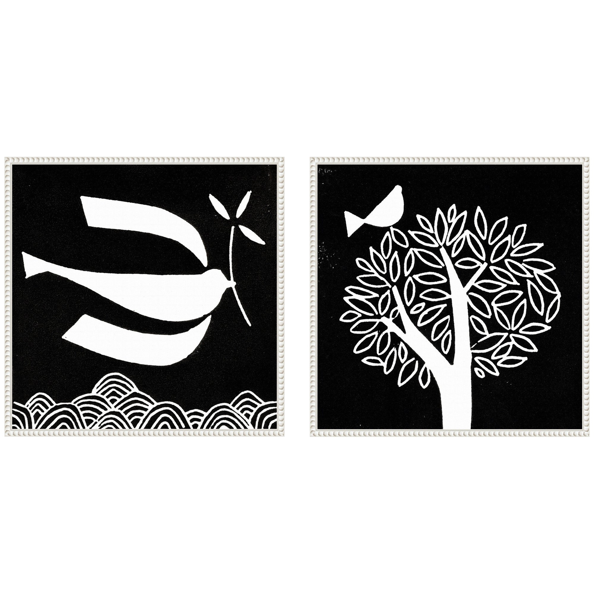 Sylvie Beaded Black and White Linocut Birds Framed Canvas Art Set by Giuliana Lazzerini