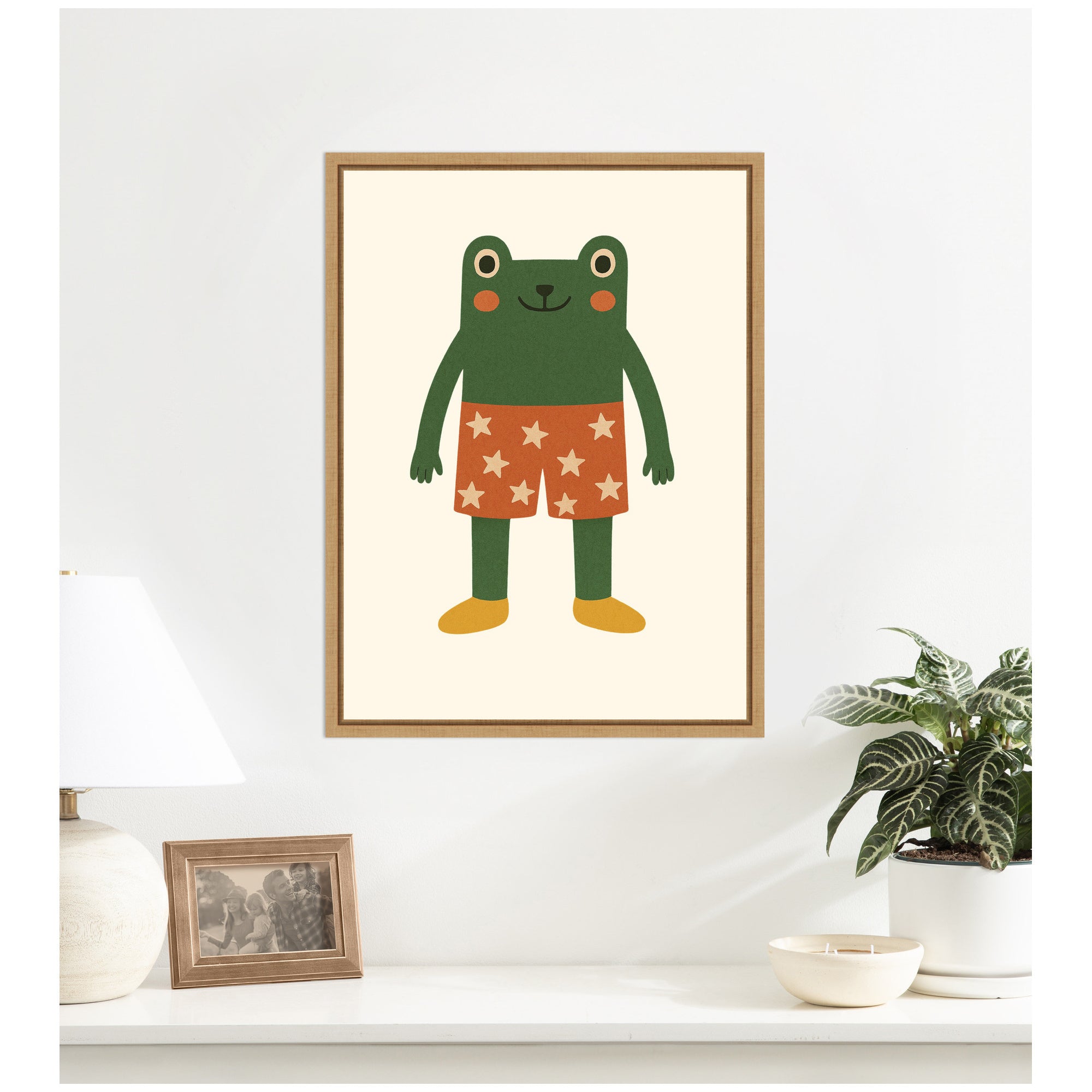 Whimsical Frog with Star Shorts by Laura Moss Framed Canvas Wall Art Print