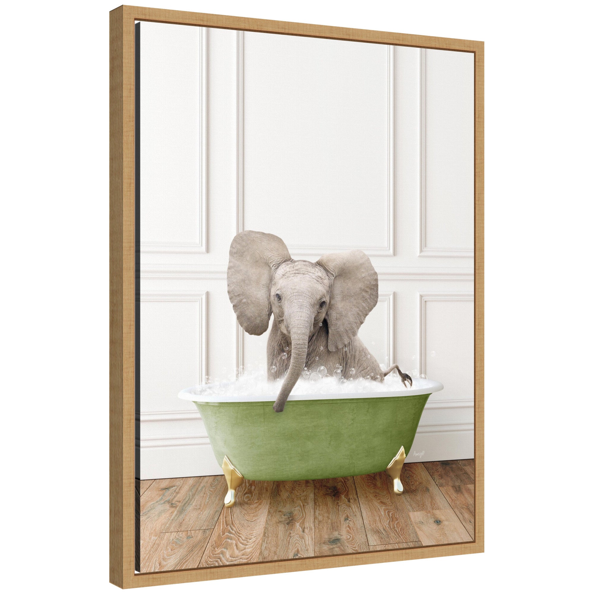 Sylvie Baby Elephant 4 in Transitional Bathtub Framed Canvas by Amy Peterson
