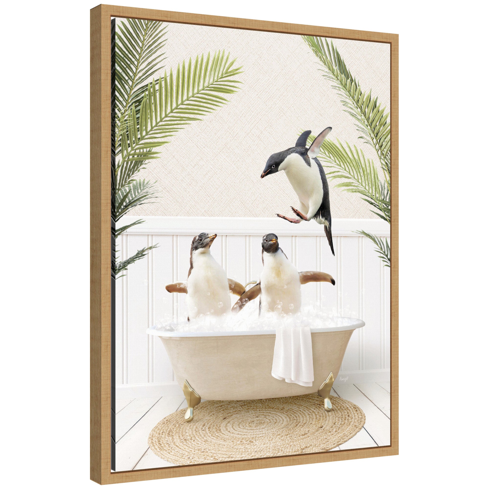 Sylvie Penguins in Palms Bath Framed Canvas by Amy Peterson