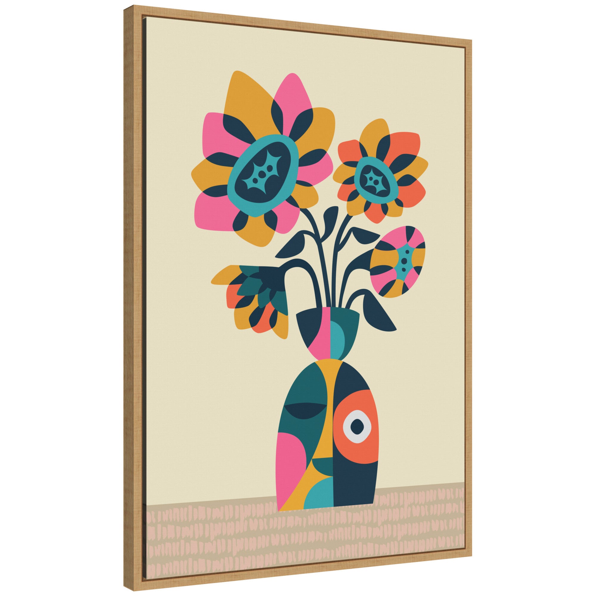 Sylvie Abstract Vintage Retro Sunflower Vase Framed Canvas by Rachel Lee