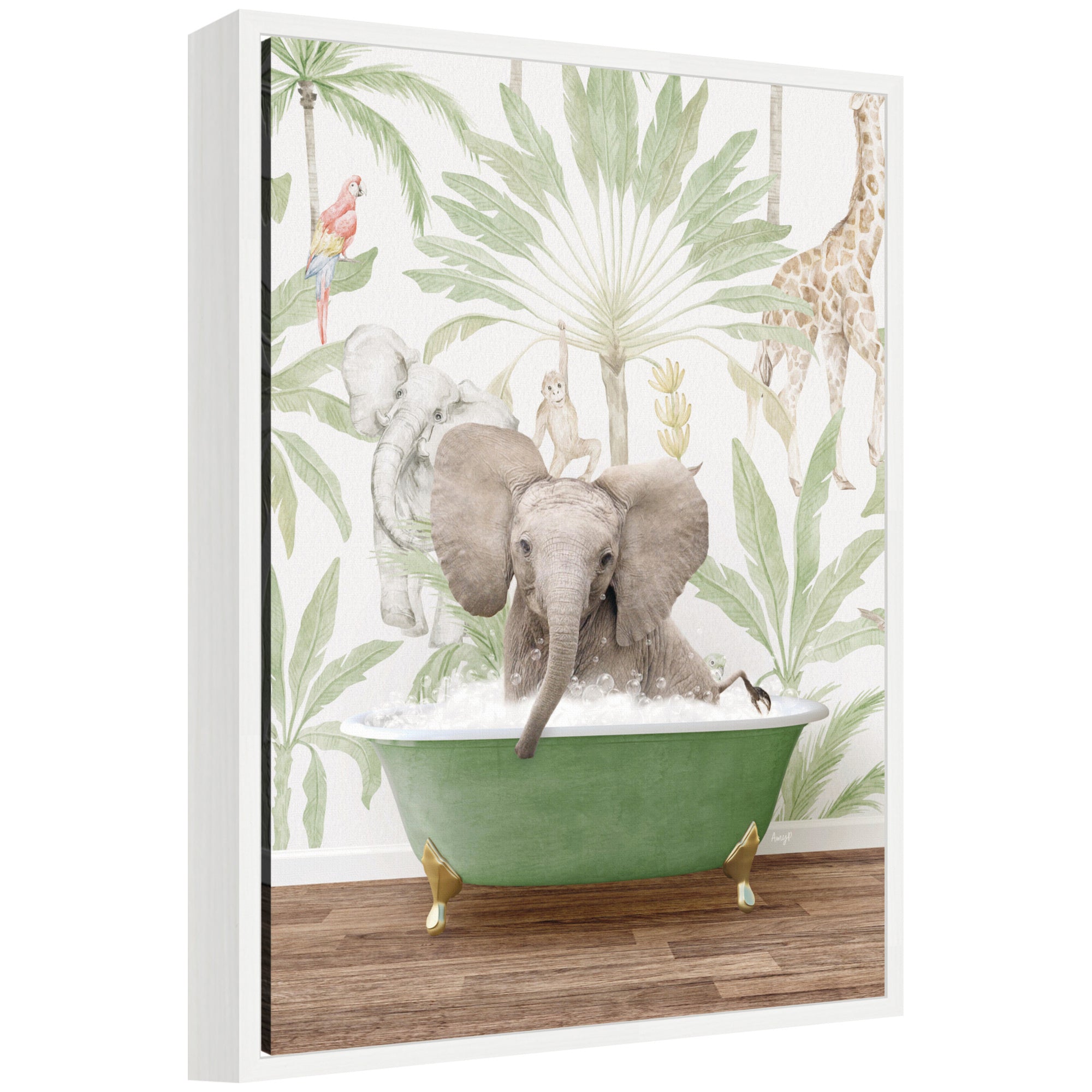 Sylvie Baby Elephant 3 in Wild Safari Bathtub Framed Canvas by Amy Peterson