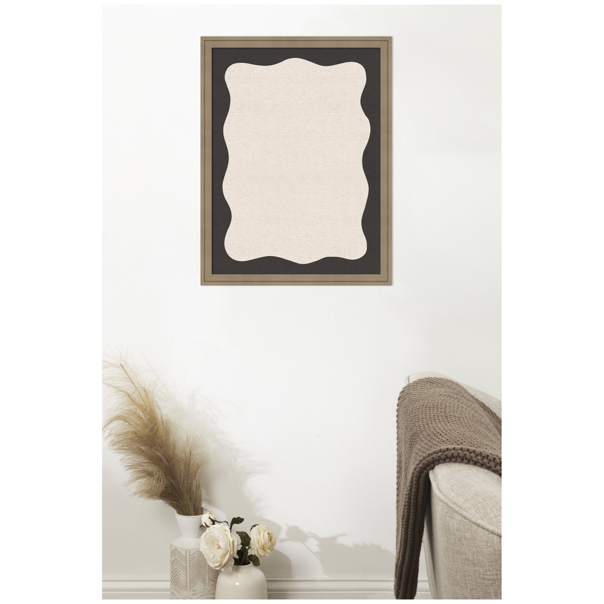 Framed Fabric Pinboard Wavy Linen Light and Black Wall Organization