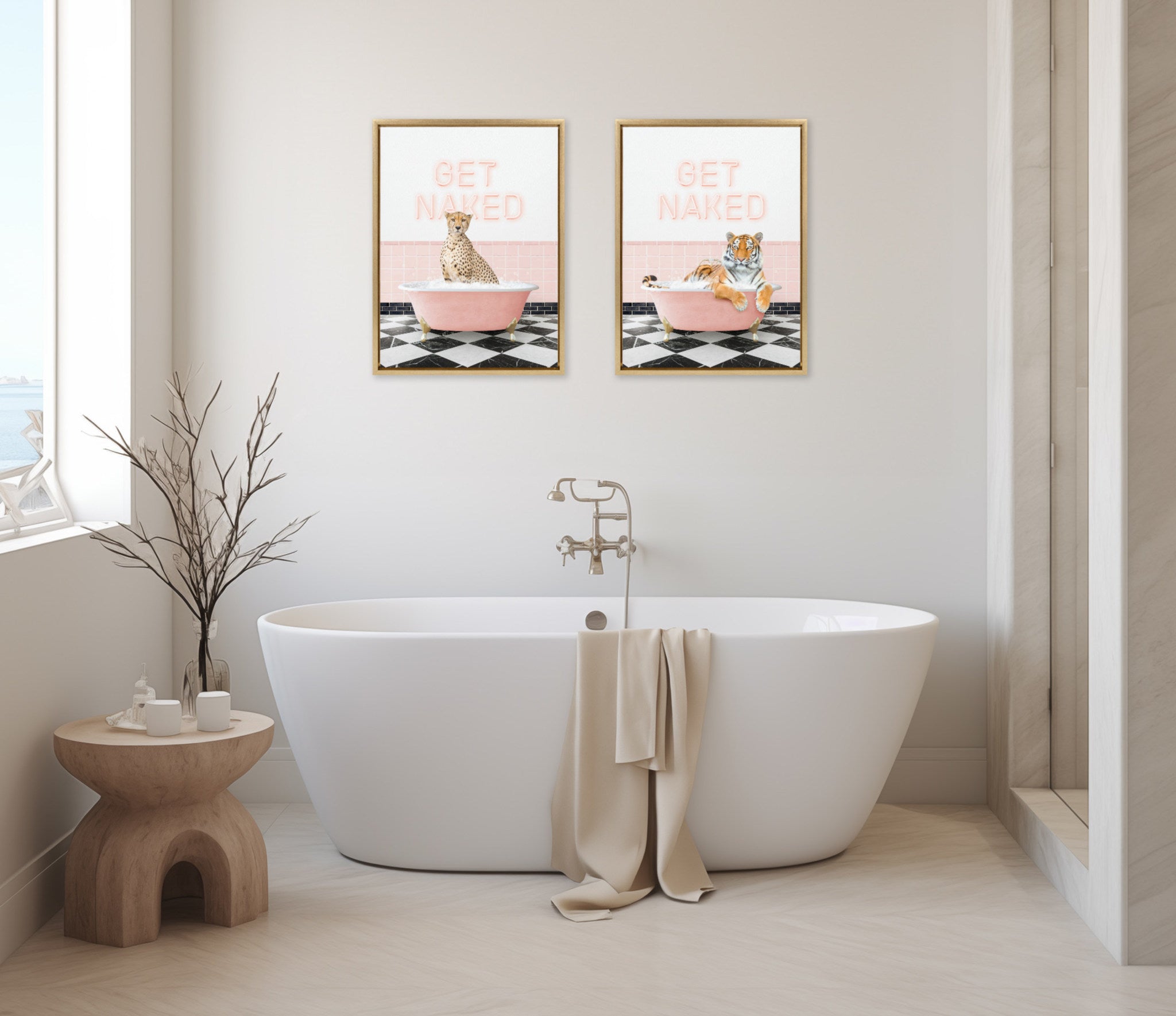 Sylvie Cheetah Get Naked in Retro Pink Bath Framed Canvas by Amy Peterson Art Studio