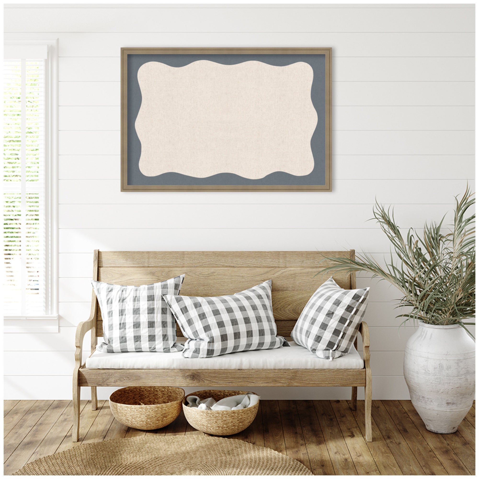 Framed Fabric Pinboard Wavy Linen and Smokey Blue Wall Organization