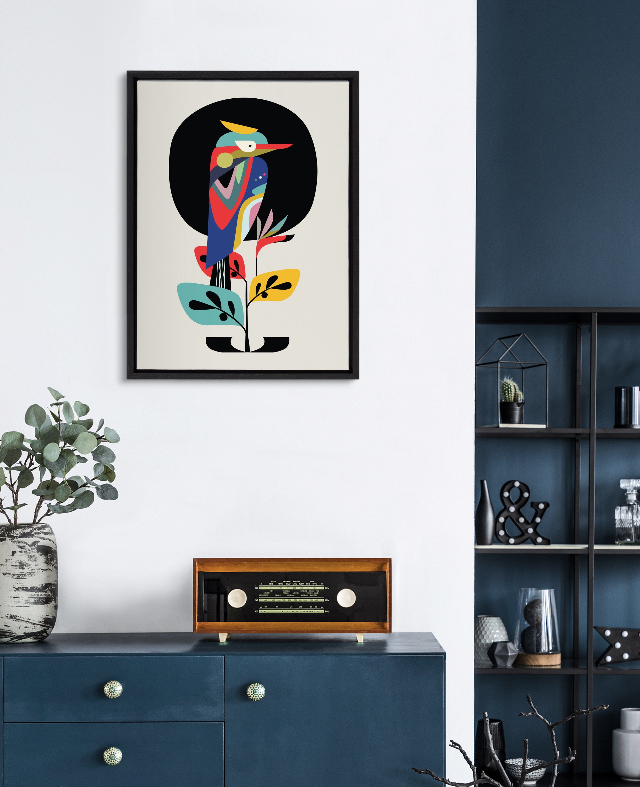 Sylvie Mid Century Modern Kookaburra Moon Framed Canvas by Rachel Lee of My Dream Wall