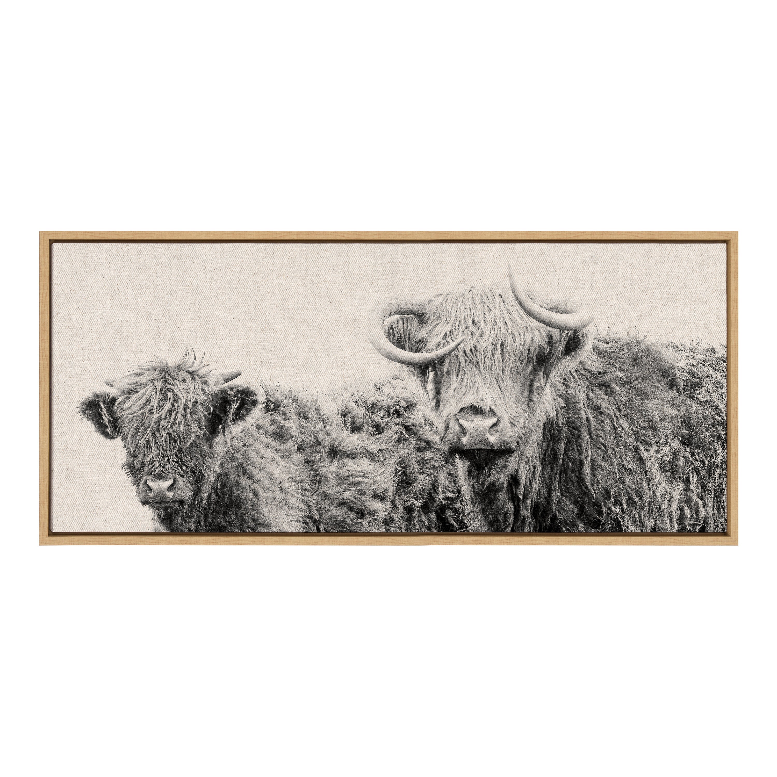 Sylvie Two Highland Cow Best Friends Neutral Linen Bright Framed Canvas by The Creative Bunch Studio