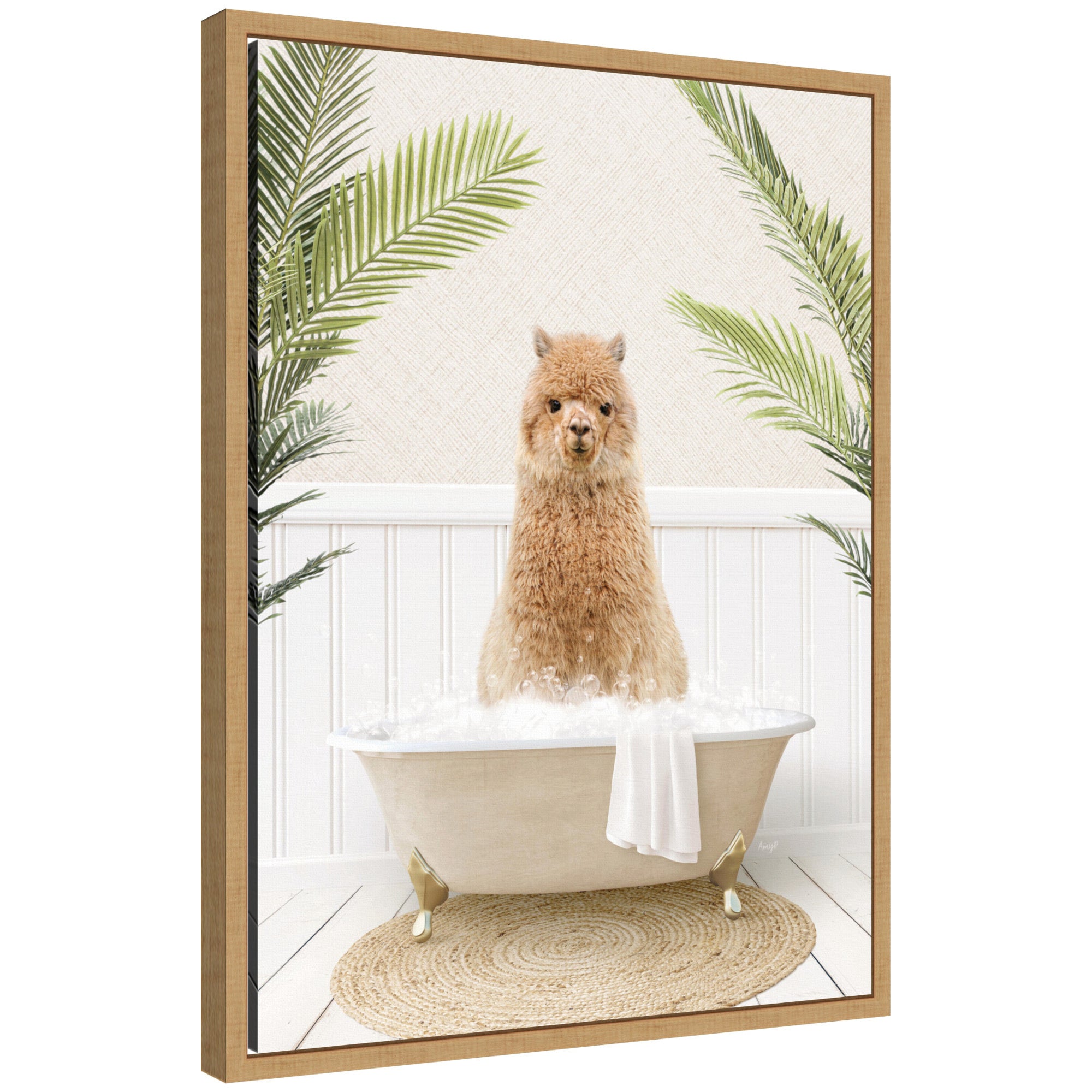 Sylvie Alpaca in Palms Bathtub Framed Canvas by Amy Peterson
