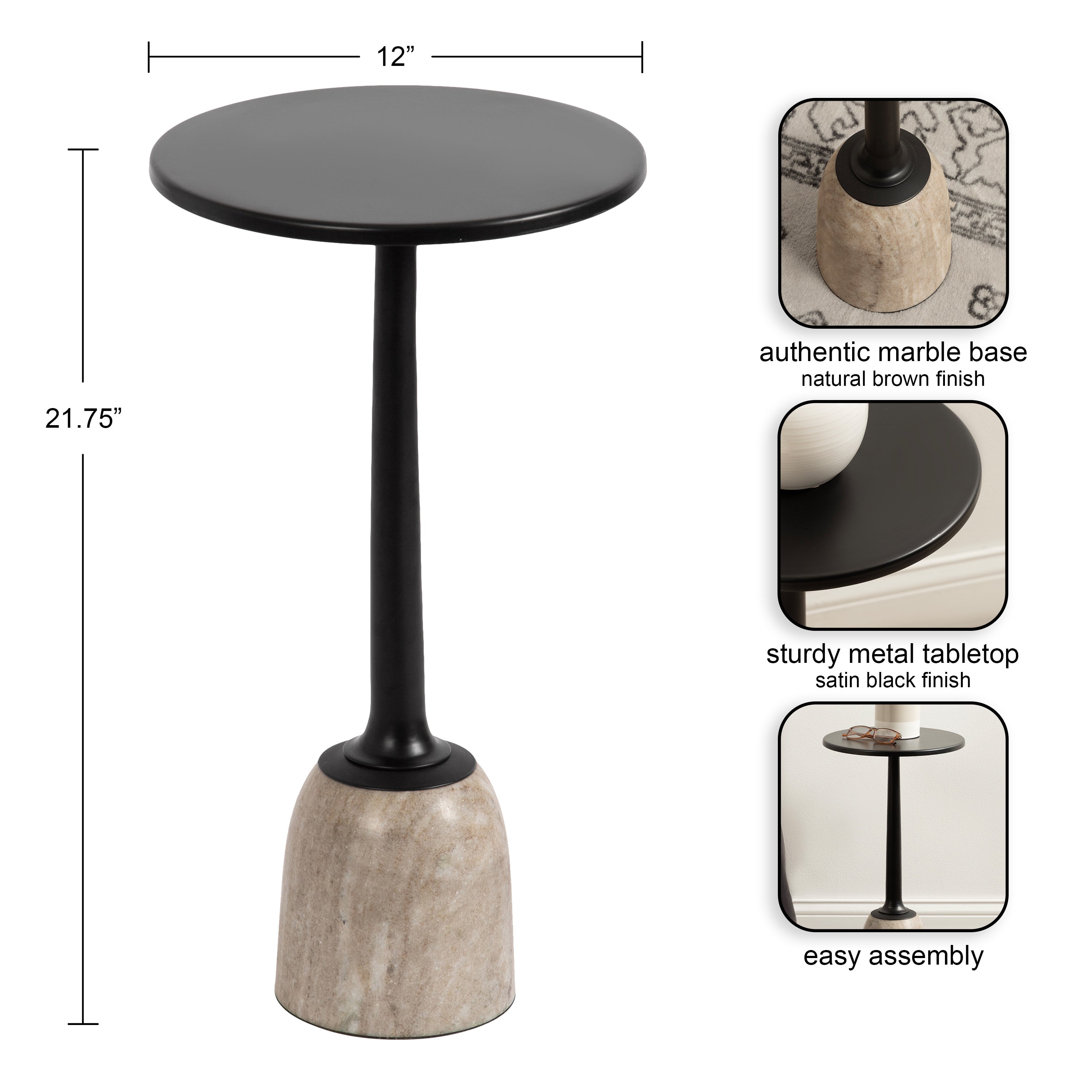 Nyall Round Metal and Marble Drink Table