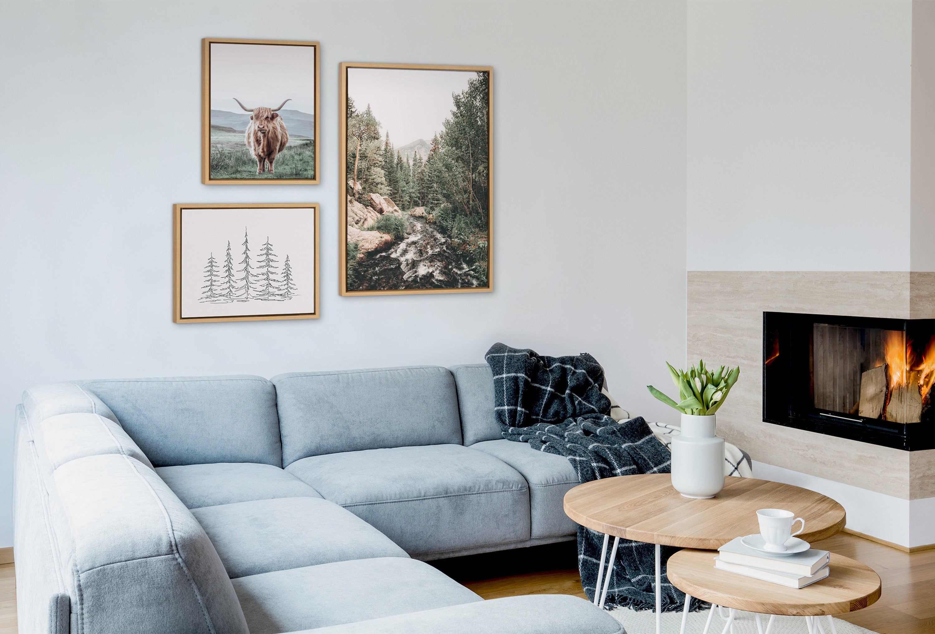 Sylvie Meet Me Here, Highland Cow Muted Mountain Landscape and Minimalist Evergreen Trees Sketch Framed Canvas Set by Various Artists