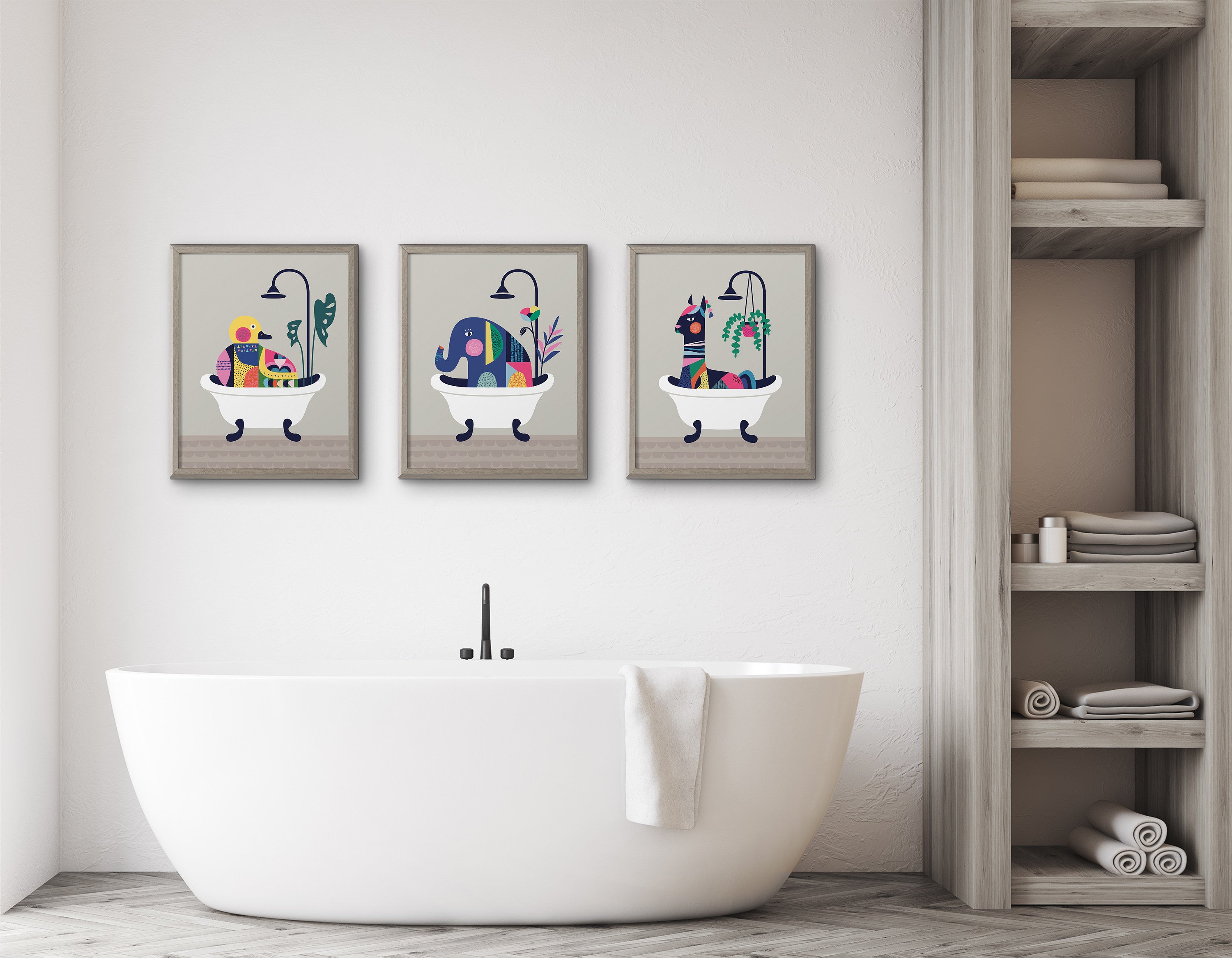Blake Mid Century Modern Elephant in the Tub Framed Printed Glass by Rachel Lee of My Dream Wall