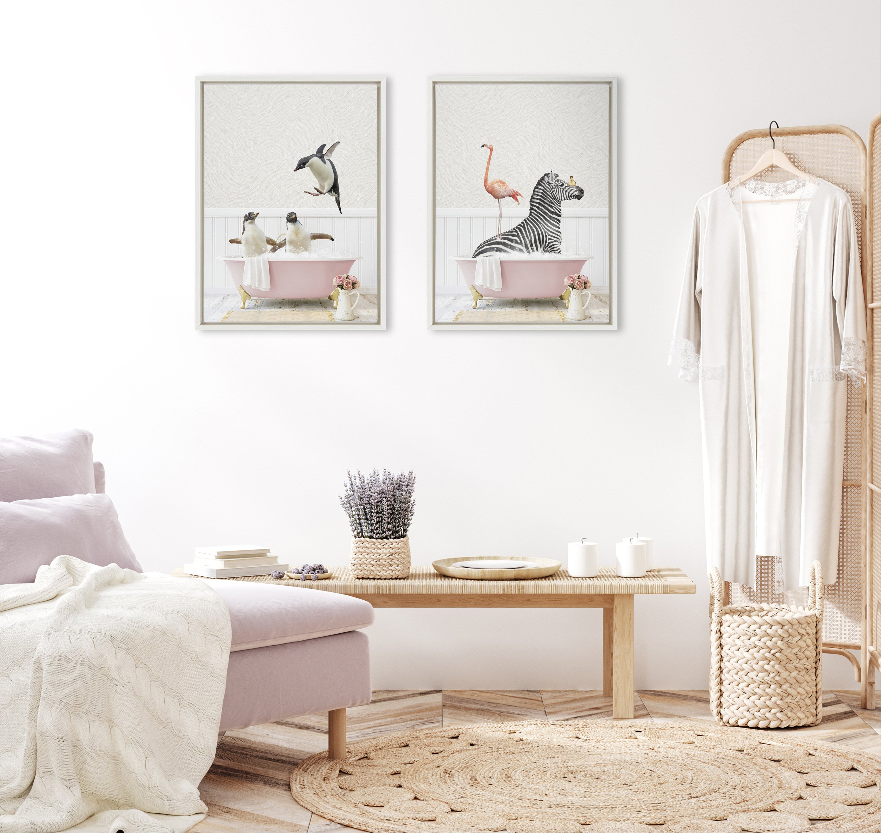Sylvie Penguins Playing in Cottage Rose Bath Framed Canvas by Amy Peterson Art Studio