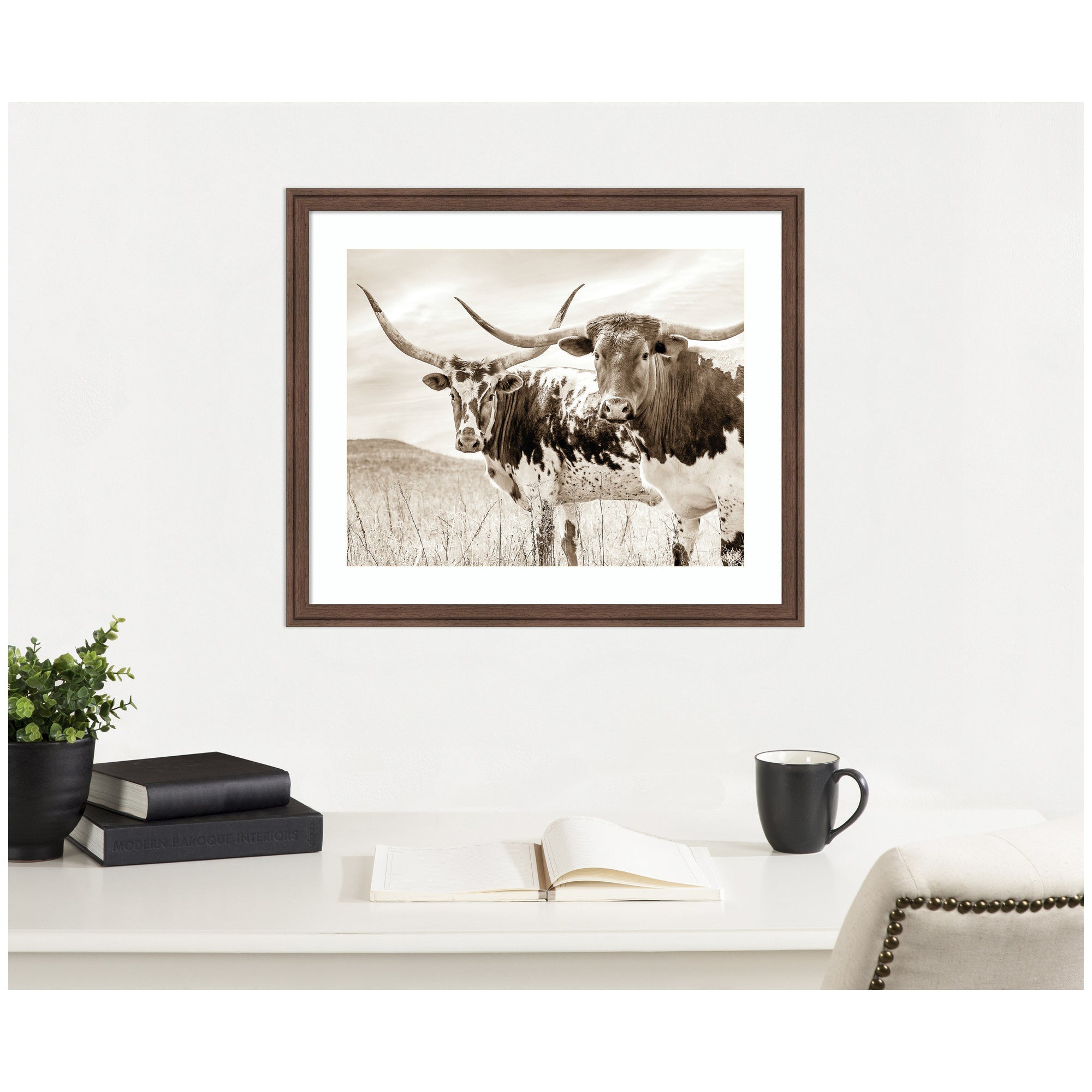 Sepia Texas Longhorn Cattle in Pasture by The Creative Bunch Studio Framed Wall Art Print