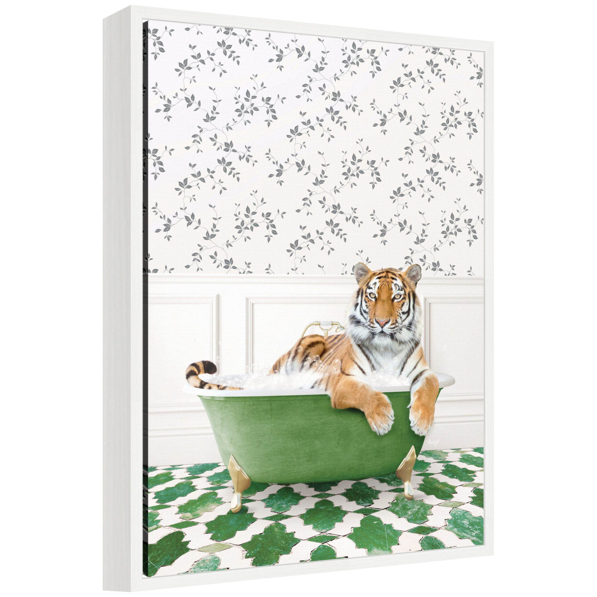 Sylvie Tiger in Eclectic Green Bathtub Framed Canvas by Amy Peterson