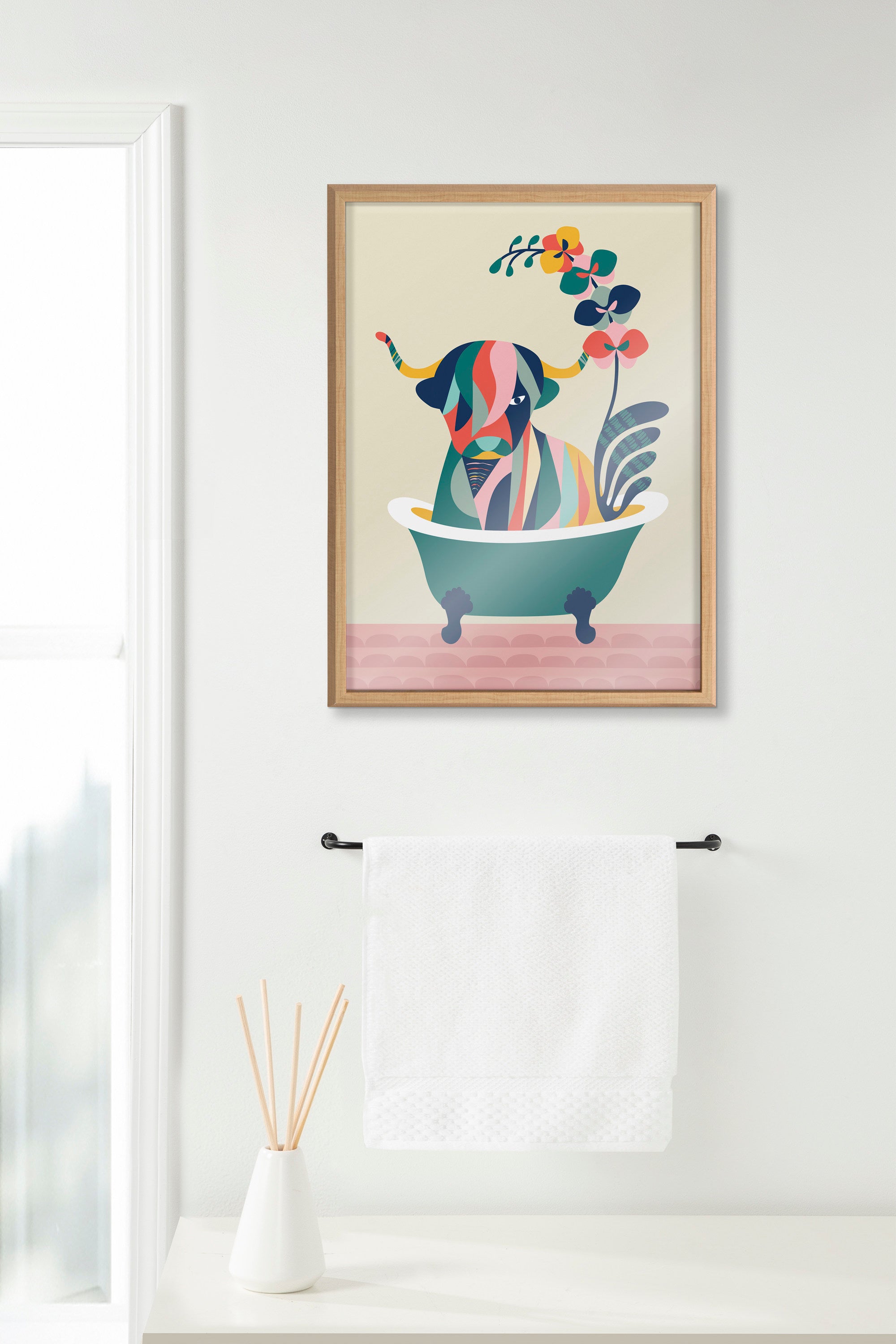 Blake Mid Century Modern Cow in Bathtub Framed Printed Glass by Rachel Lee of My Dream Wall
