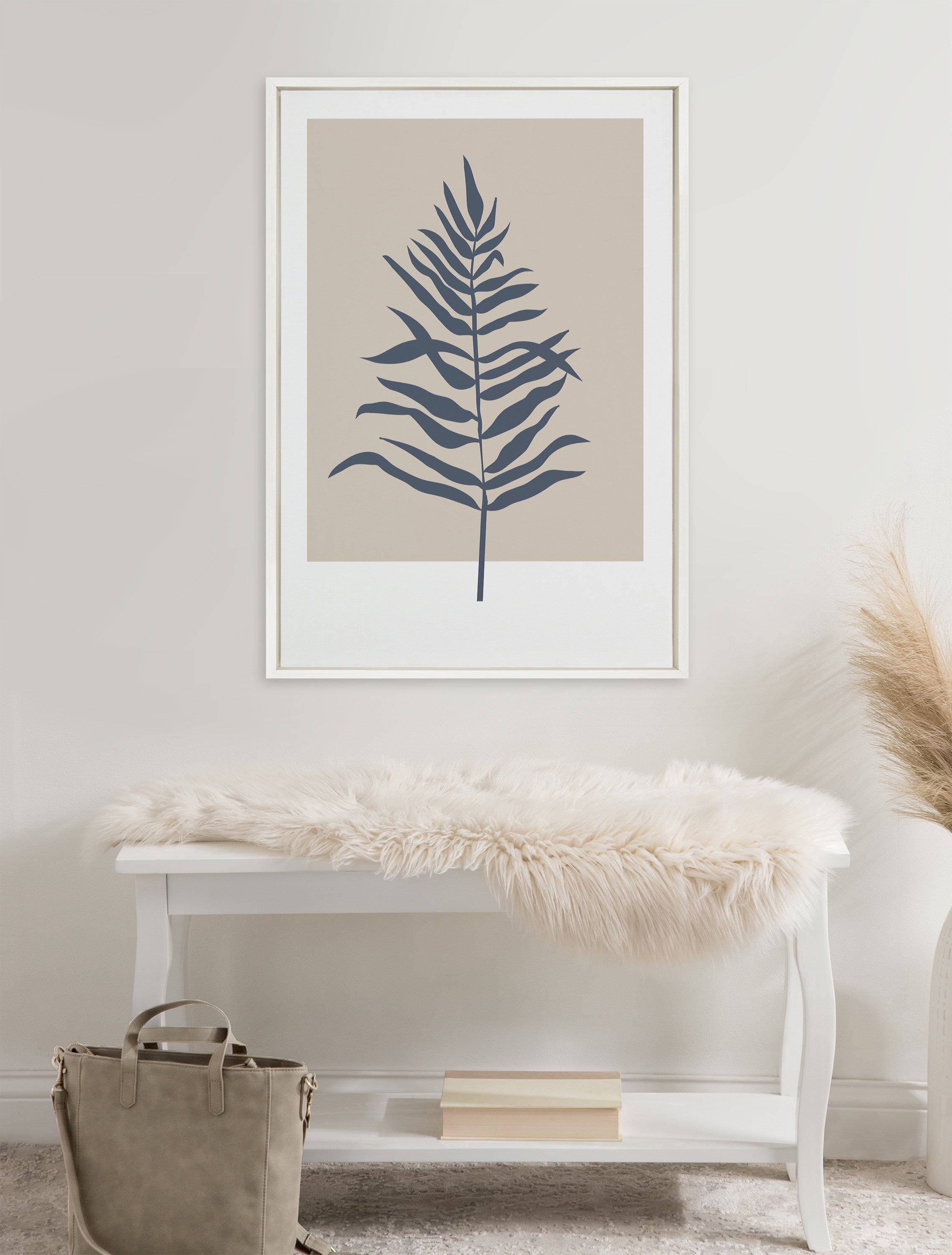 Sylvie Muted Tan and Blue Colorblock Botanical Fern Framed Canvas by The Creative Bunch Studio