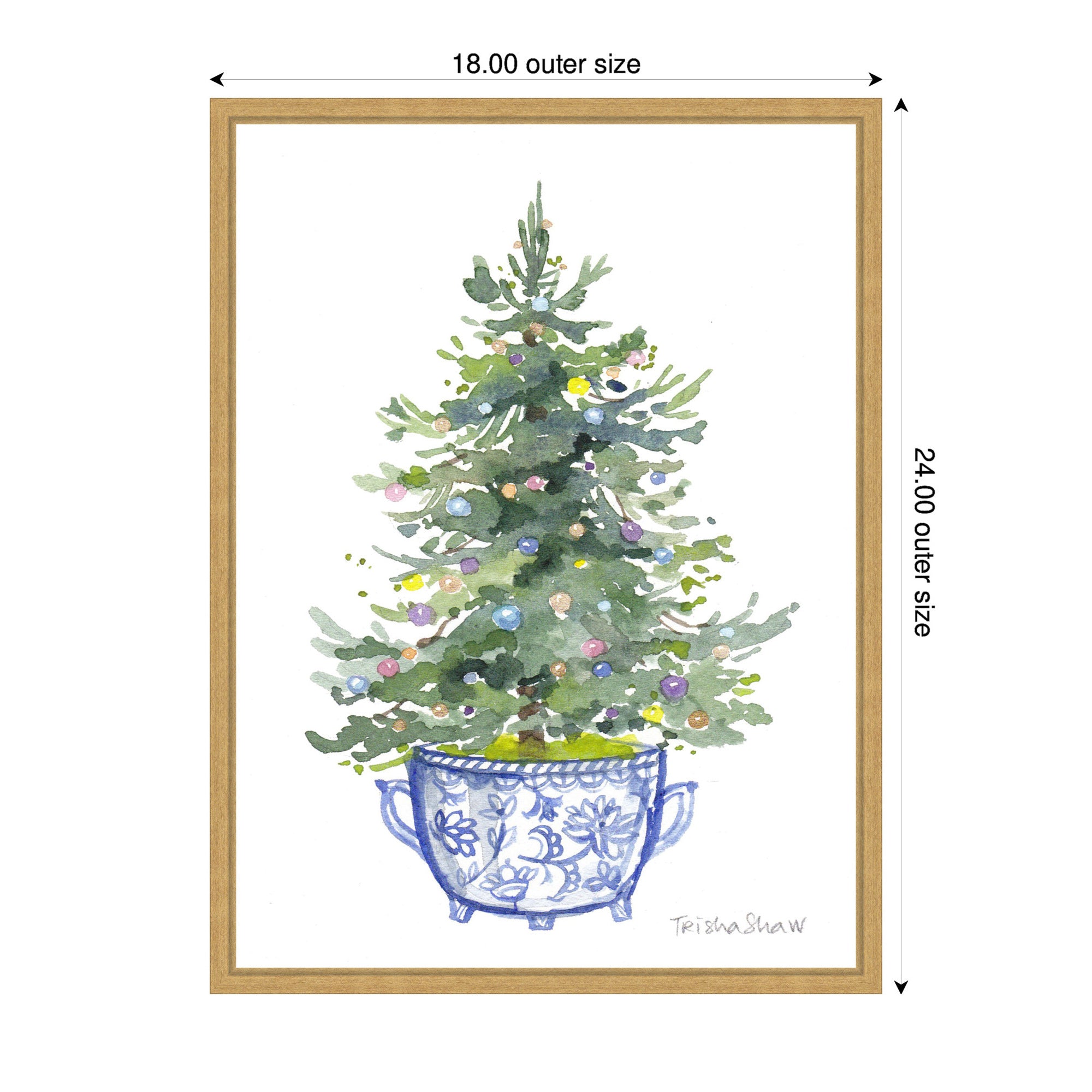Sylvie Framed Canvas Traditional Christmas Tree In Blue Chinoiserie Pot by Patricia Shaw