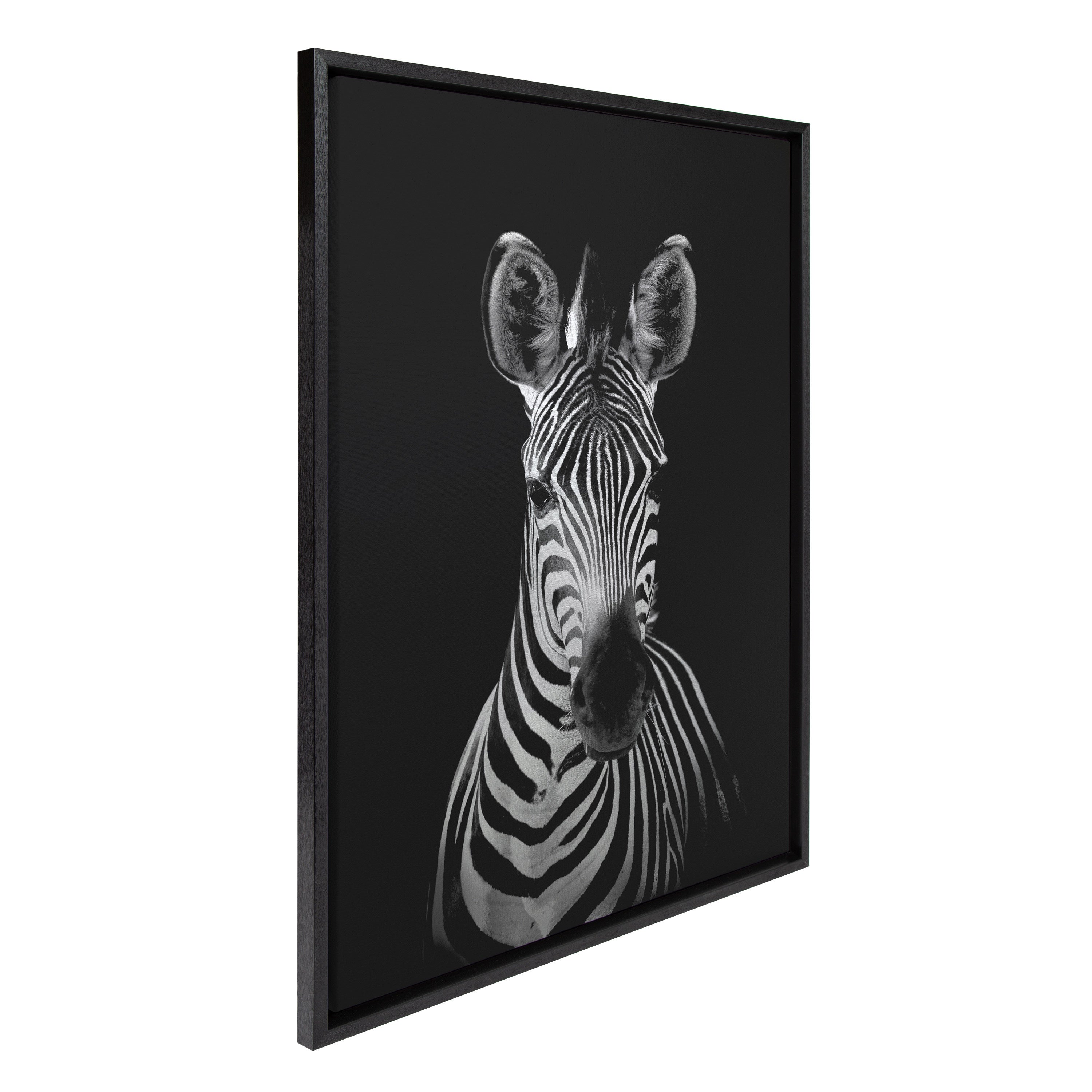 Sylvie Minimalist Zebra Animal Portrait on Black BW Framed Canvas by The Creative Bunch Studio
