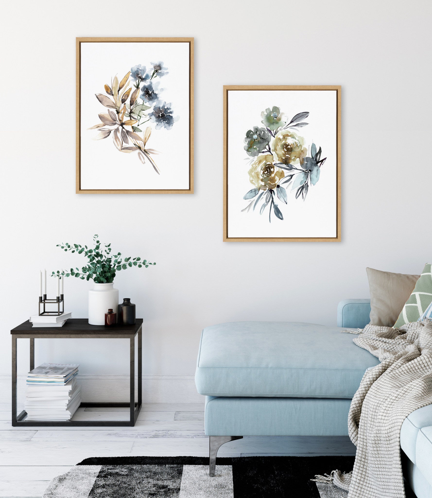 Sylvie Yellow Roses and Muted Blue Flowers Framed Canvas Art Set by Sara Berrenson