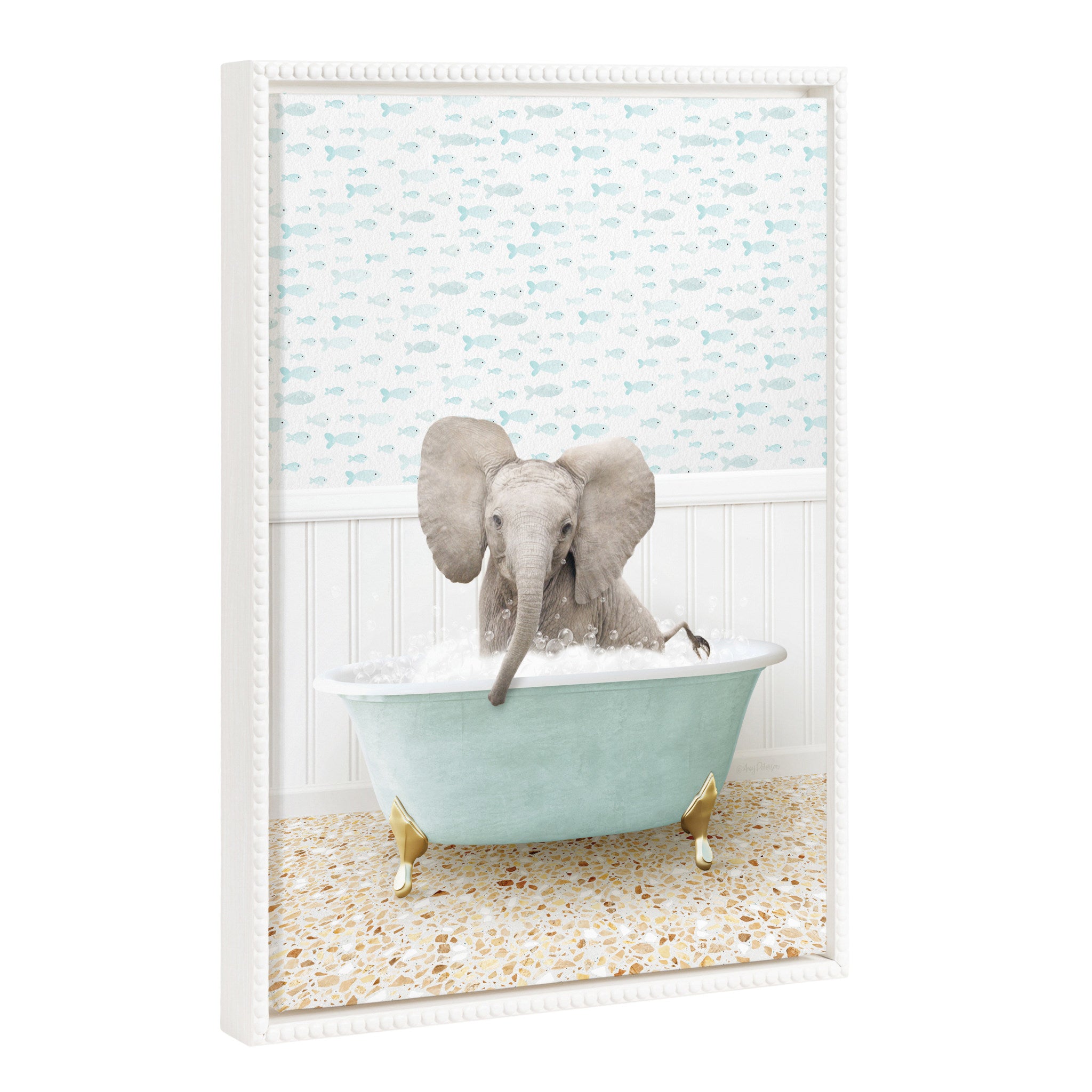 Sylvie Beaded Baby Elephant in Little Fish Bath Framed Canvas by Amy Peterson