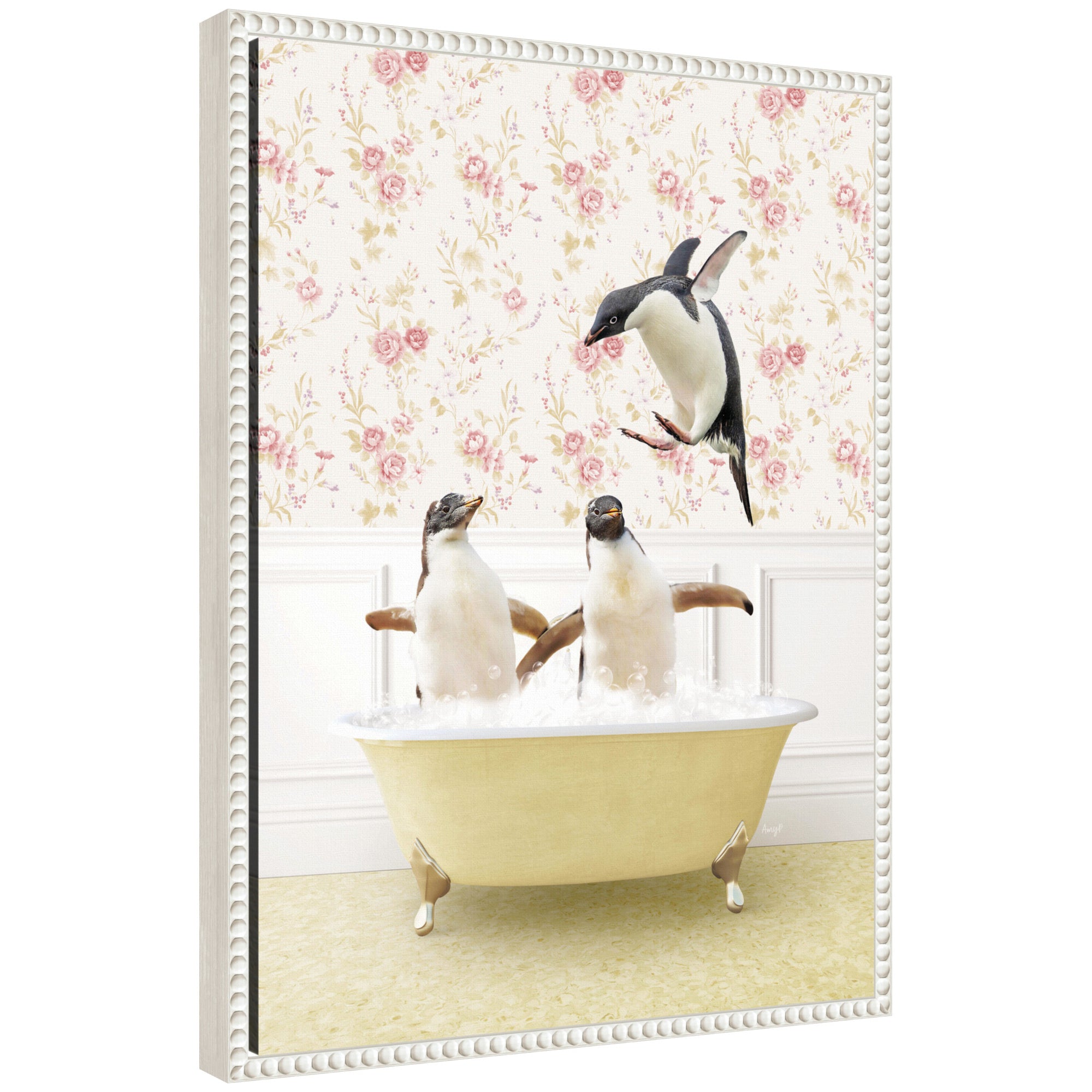 Sylvie Penguins in Vintage Yellow Bath Framed Canvas by Amy Peterson