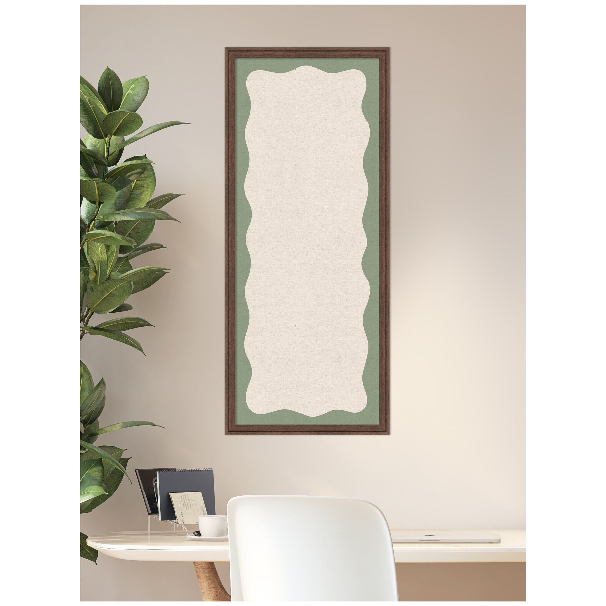 Framed Fabric Pinboard Wavy Neutral Linen and Green Wall Organization