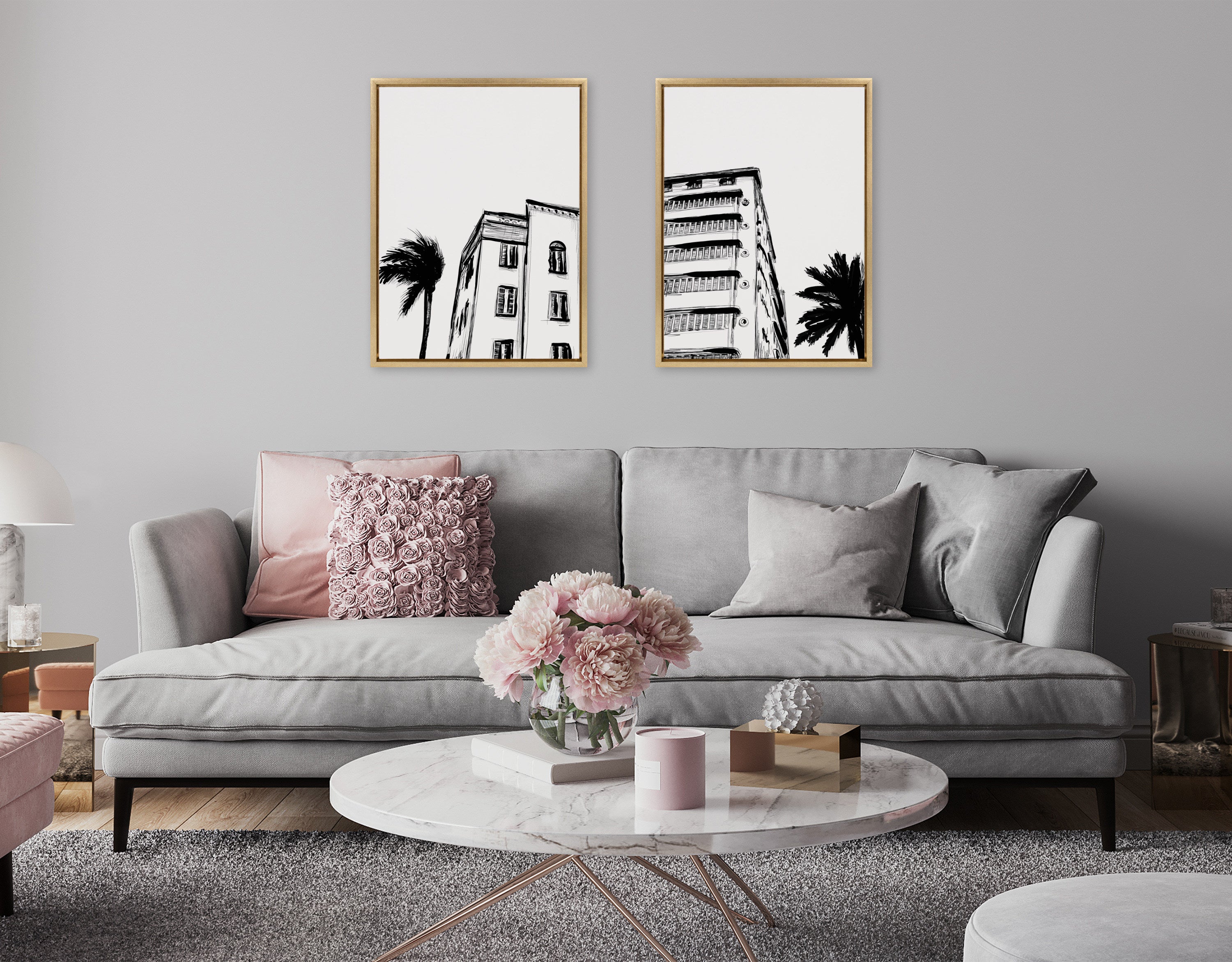 Sylvie Miami Beach Architecture Retro Art Deco Framed Canvas Art Set by The Creative Bunch Studio