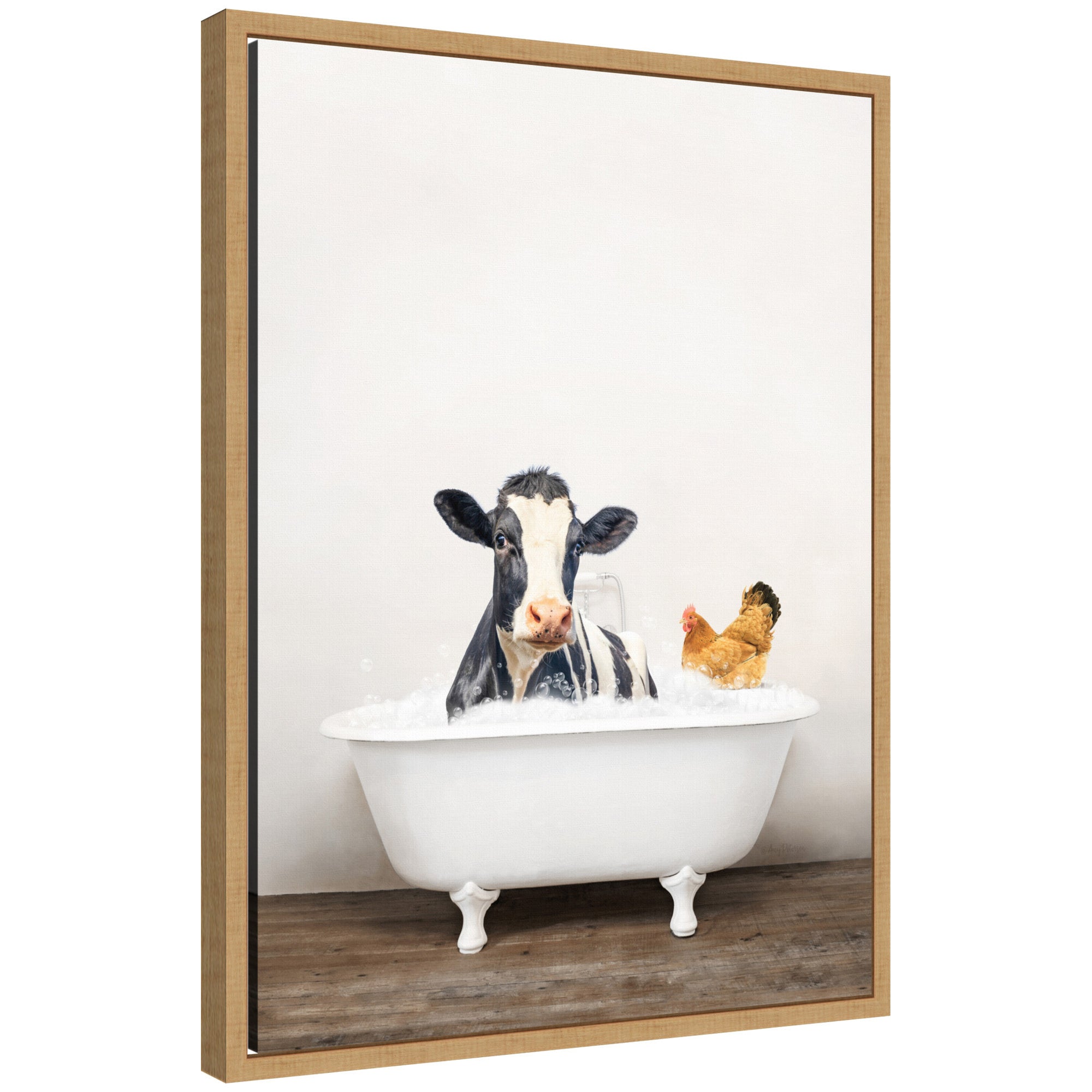 Sylvie Cow and Chicken in Rustic Bathtub Framed Canvas by Amy Peterson