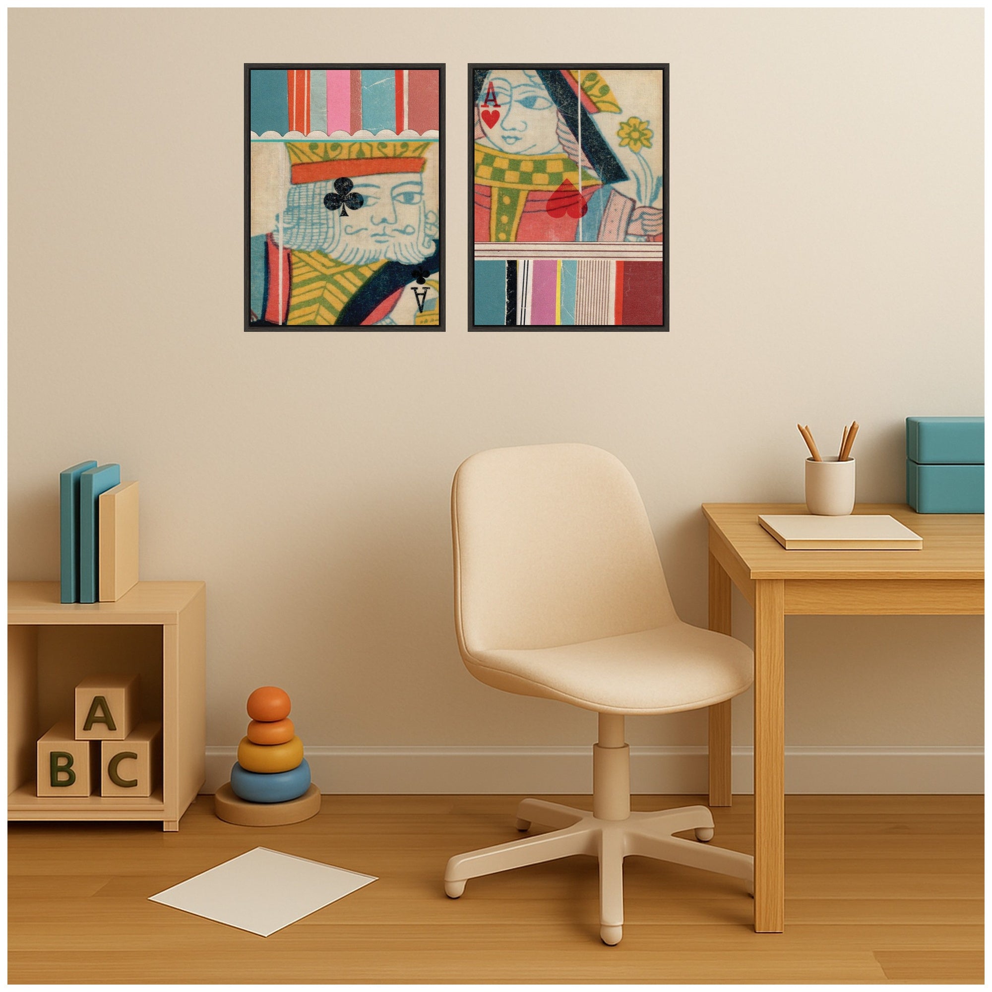 King of Clubs & Queen With Flower 2 Piece Framed Canvas Wall Art Set by Felicia Dadak