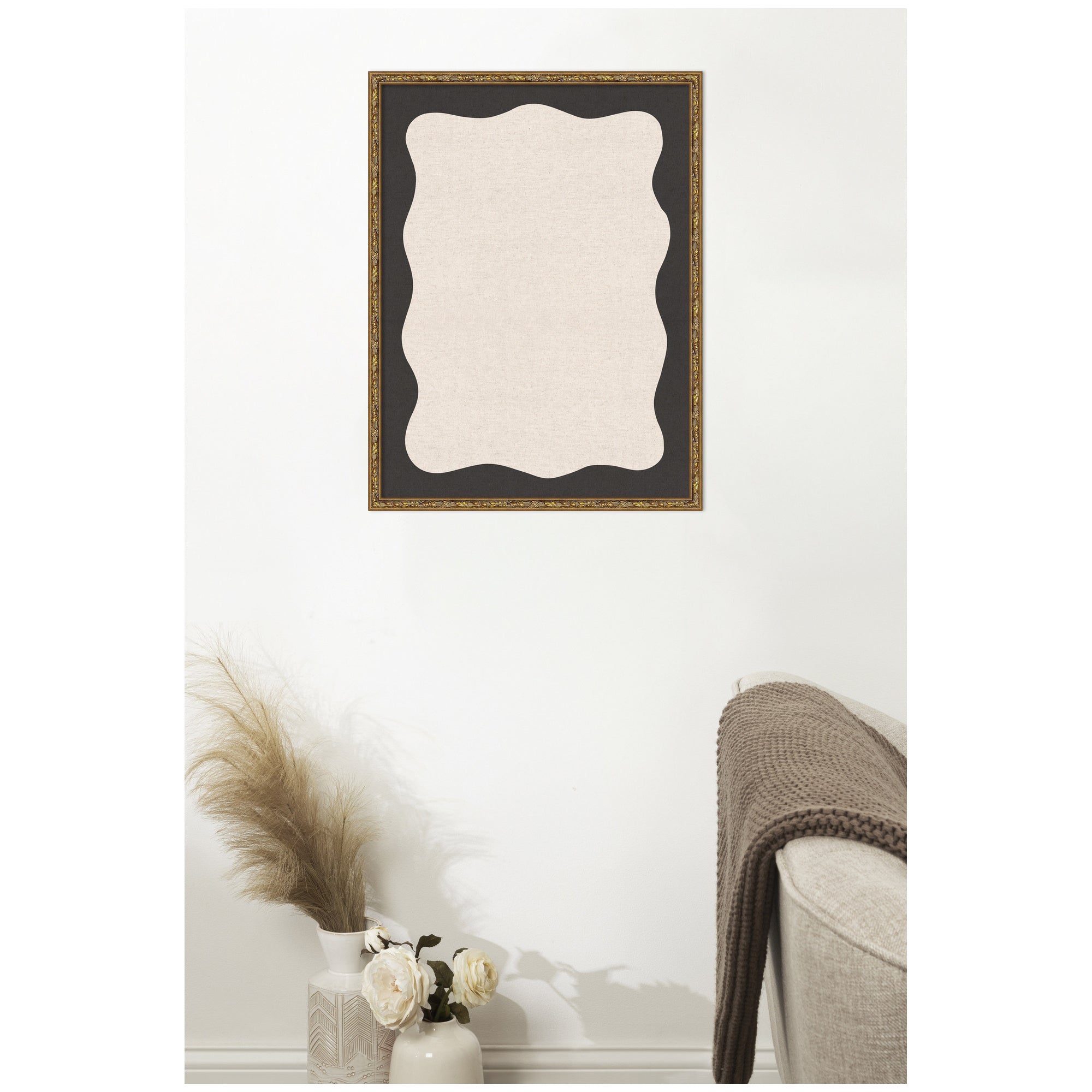 Framed Fabric Pinboard Wavy Linen Light and Black Wall Organization