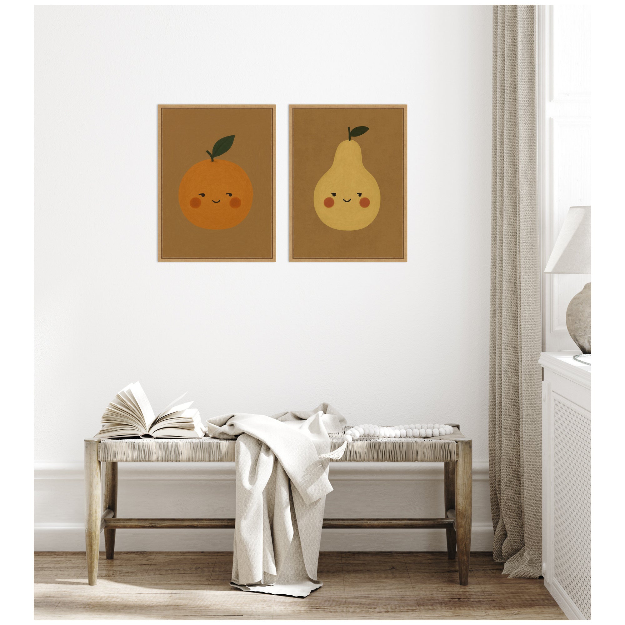 Vintage Smiling Pear & Orange 2 Piece Framed Canvas Wall Art Set by Laura Moss