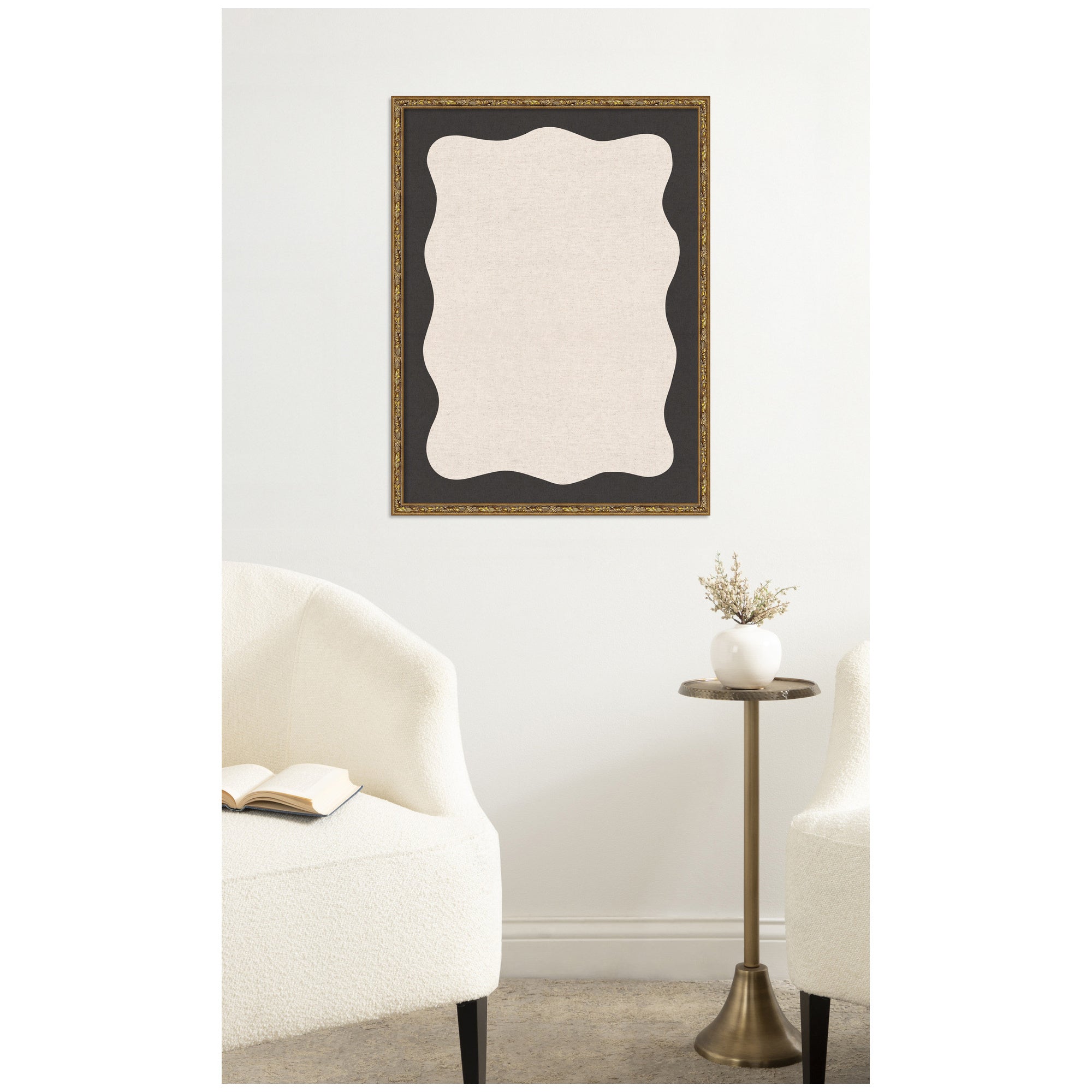 Framed Fabric Pinboard Wavy Linen Light and Black Wall Organization