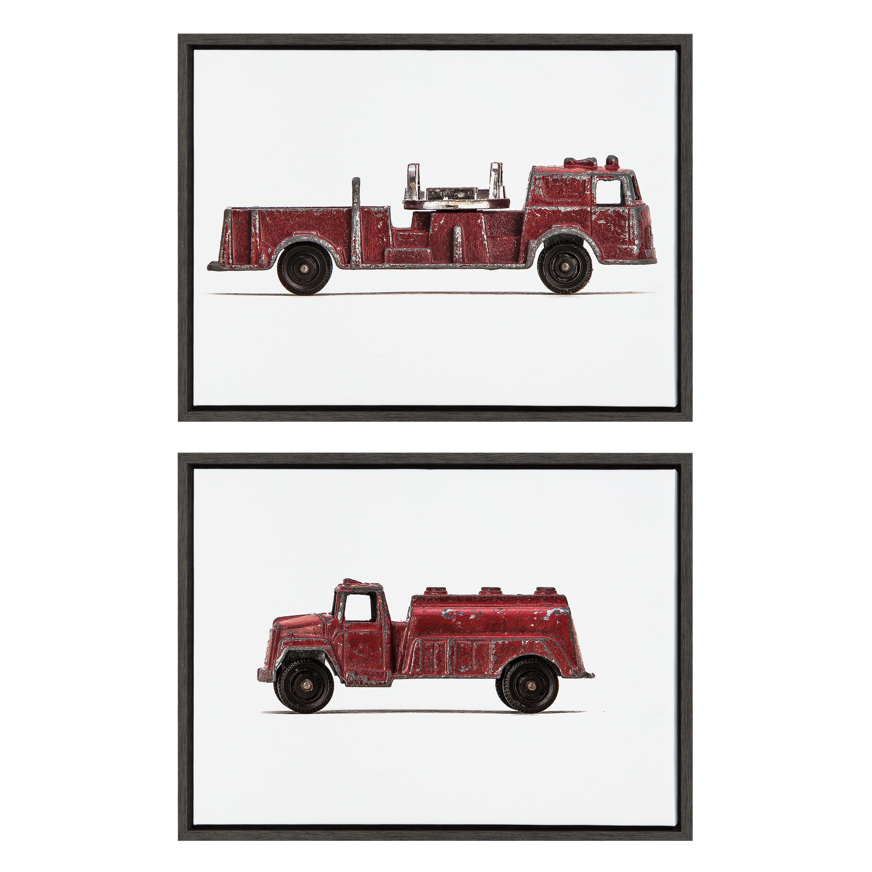 Sylvie Red Vintage Toy Fire Engine and Red Vintage Toy Water Truck Framed Canvas Art Set by Saint and Sailor Studios
