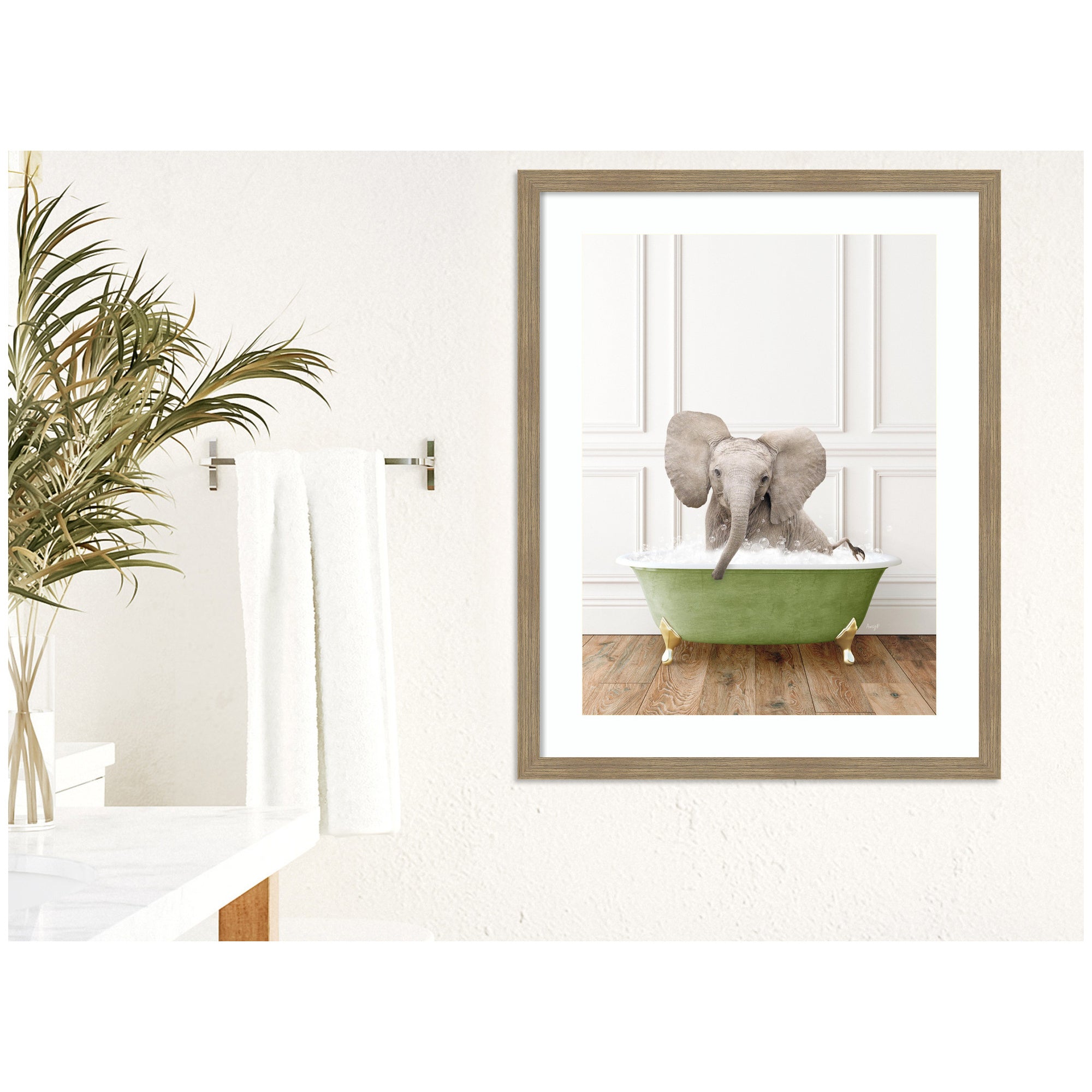 Baby Elephant in Transitional Bathtub by Amy Peterson Framed Wall Art Print