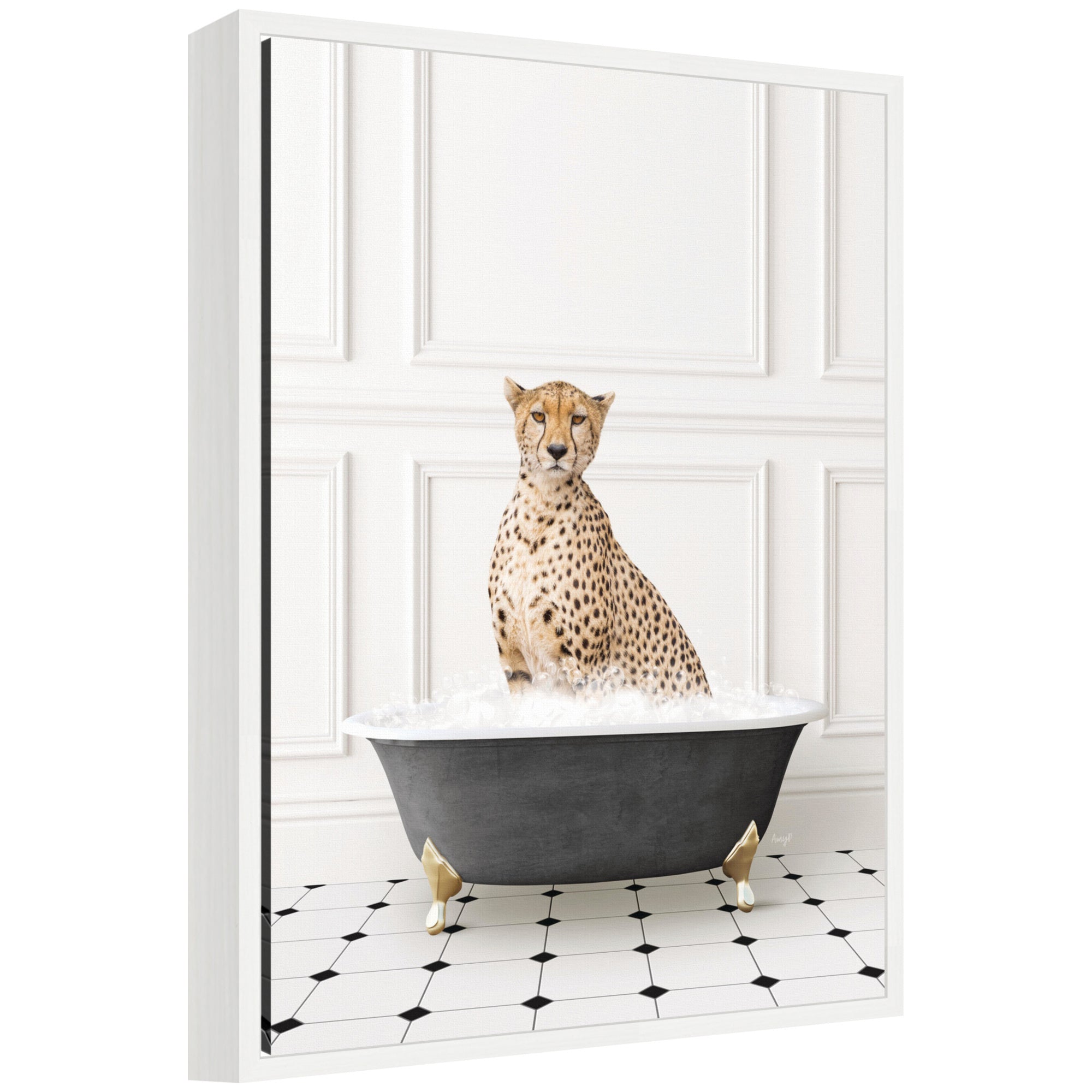 Sylvie Cheetah in Classic Black and White Bathtub Framed Canvas by Amy Peterson