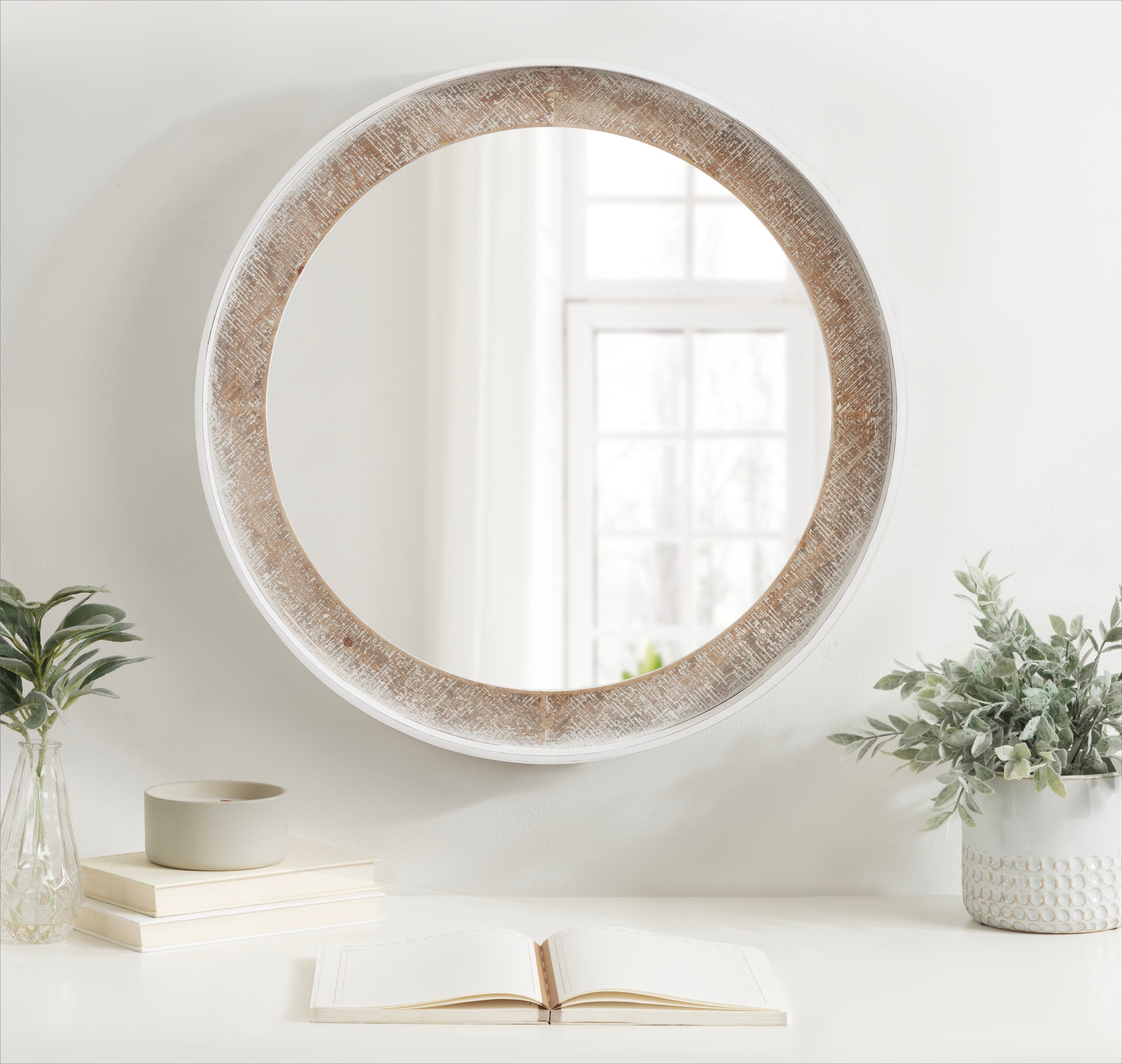 Round Mirror Rustic Brown White 26x26 7