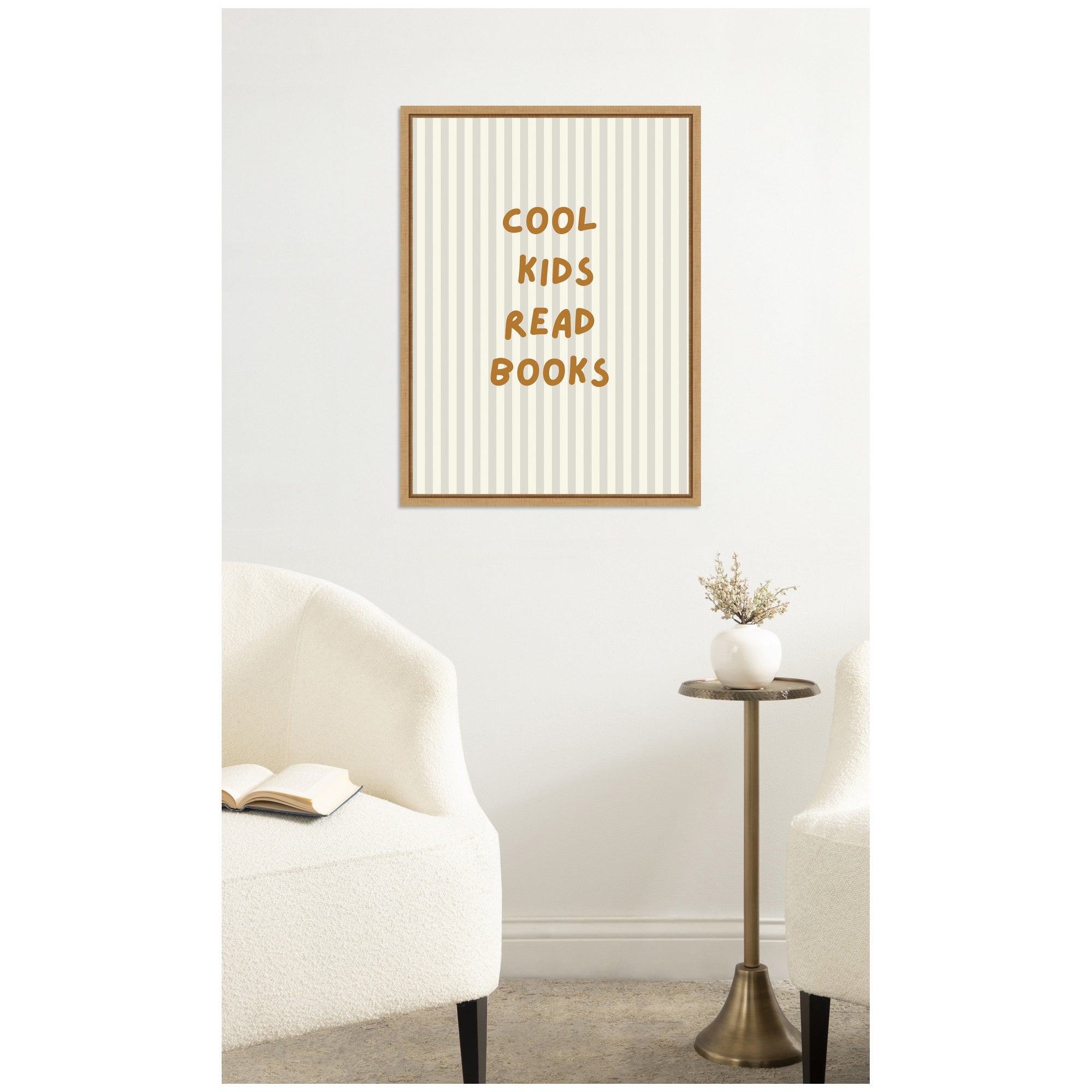 Cool Kids Read Books Neutral Stripe by Laura Moss Framed Canvas Wall Art Print