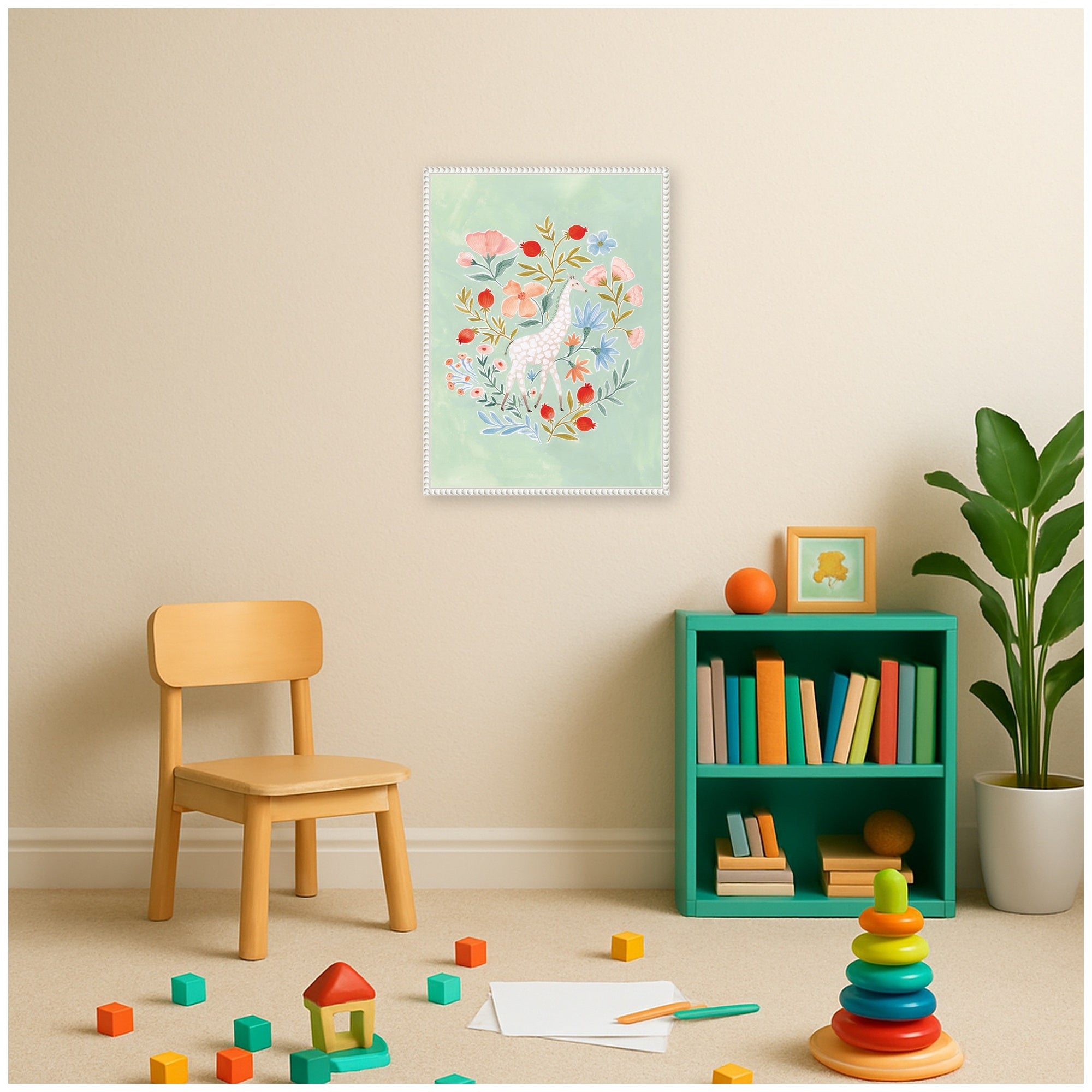 Giraffe and Florals by Jill Labieniec Framed Canvas Wall Art Print