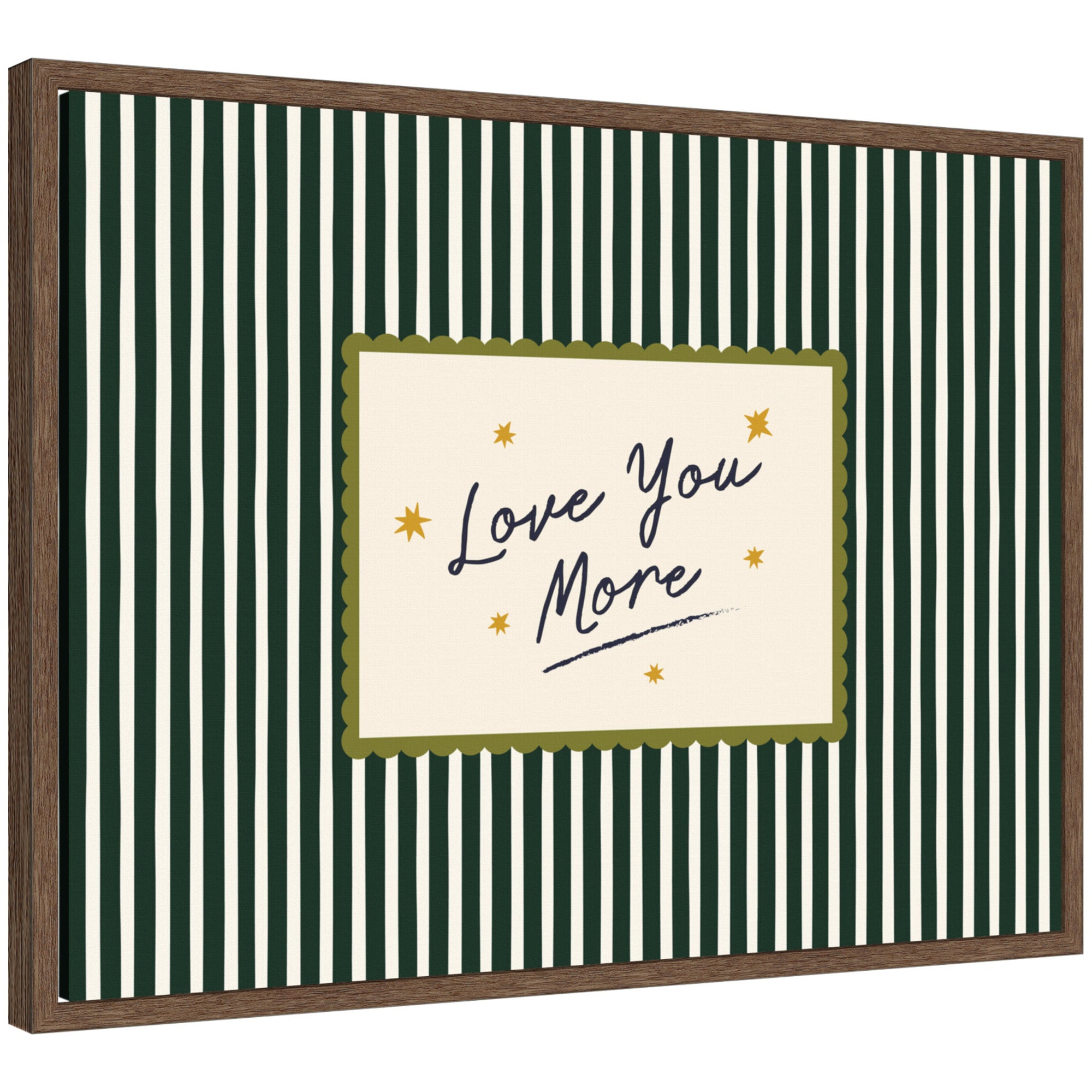 Love You More Positive Quote Above Bed Decor, Striped Green Cozy Wall Art for Apartment or Home by Lucky Guava Framed Canvas Wall Art Print