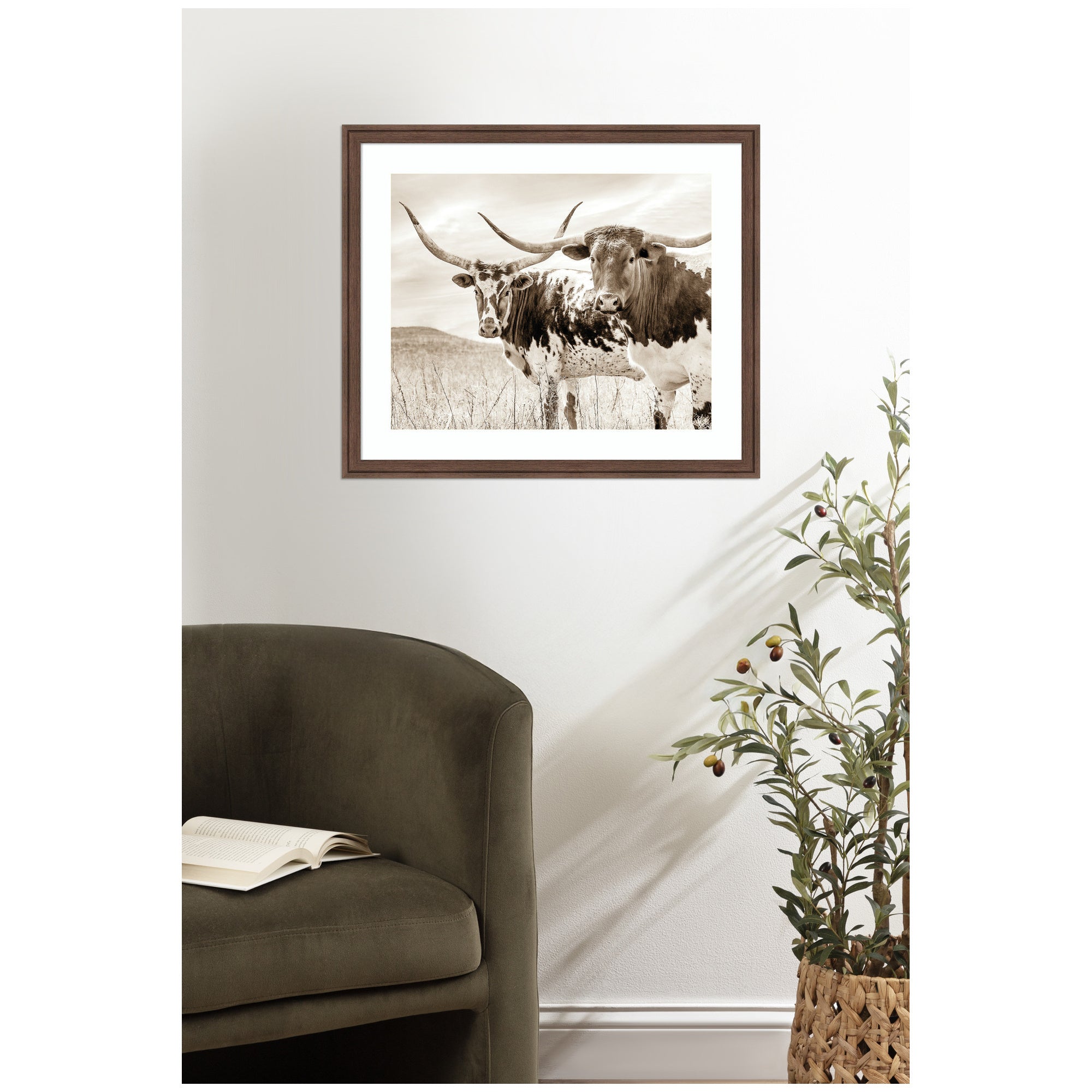 Sepia Texas Longhorn Cattle in Pasture by The Creative Bunch Studio Framed Wall Art Print