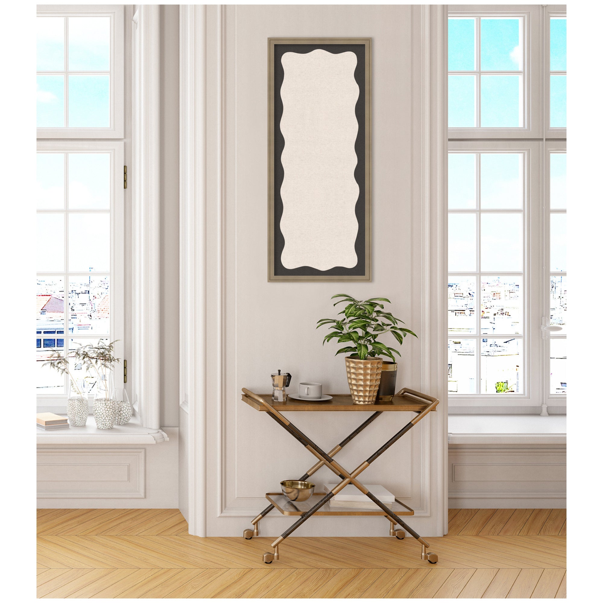 Framed Fabric Pinboard Wavy Linen Light and Black Wall Organization