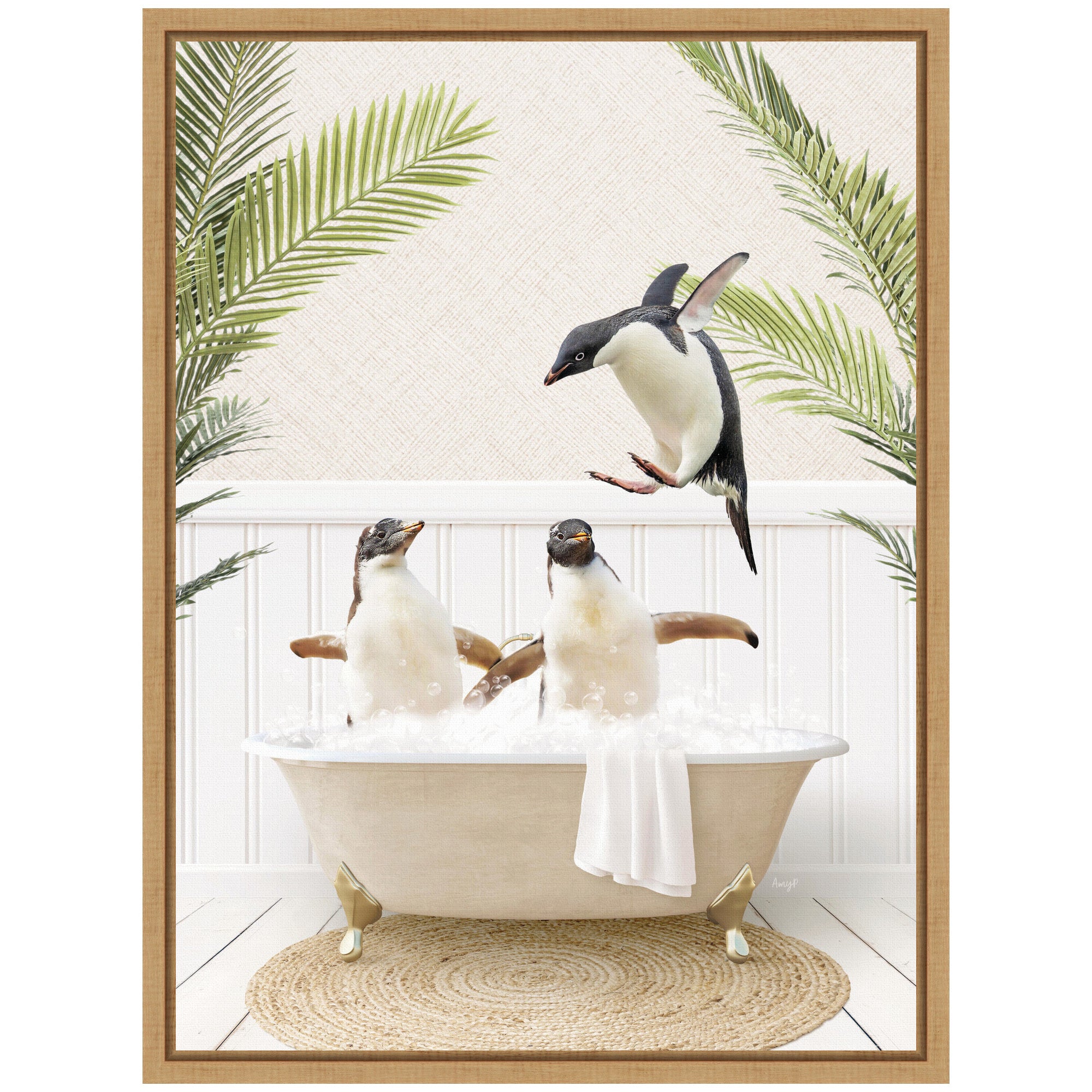 Sylvie Penguins in Palms Bath Framed Canvas by Amy Peterson
