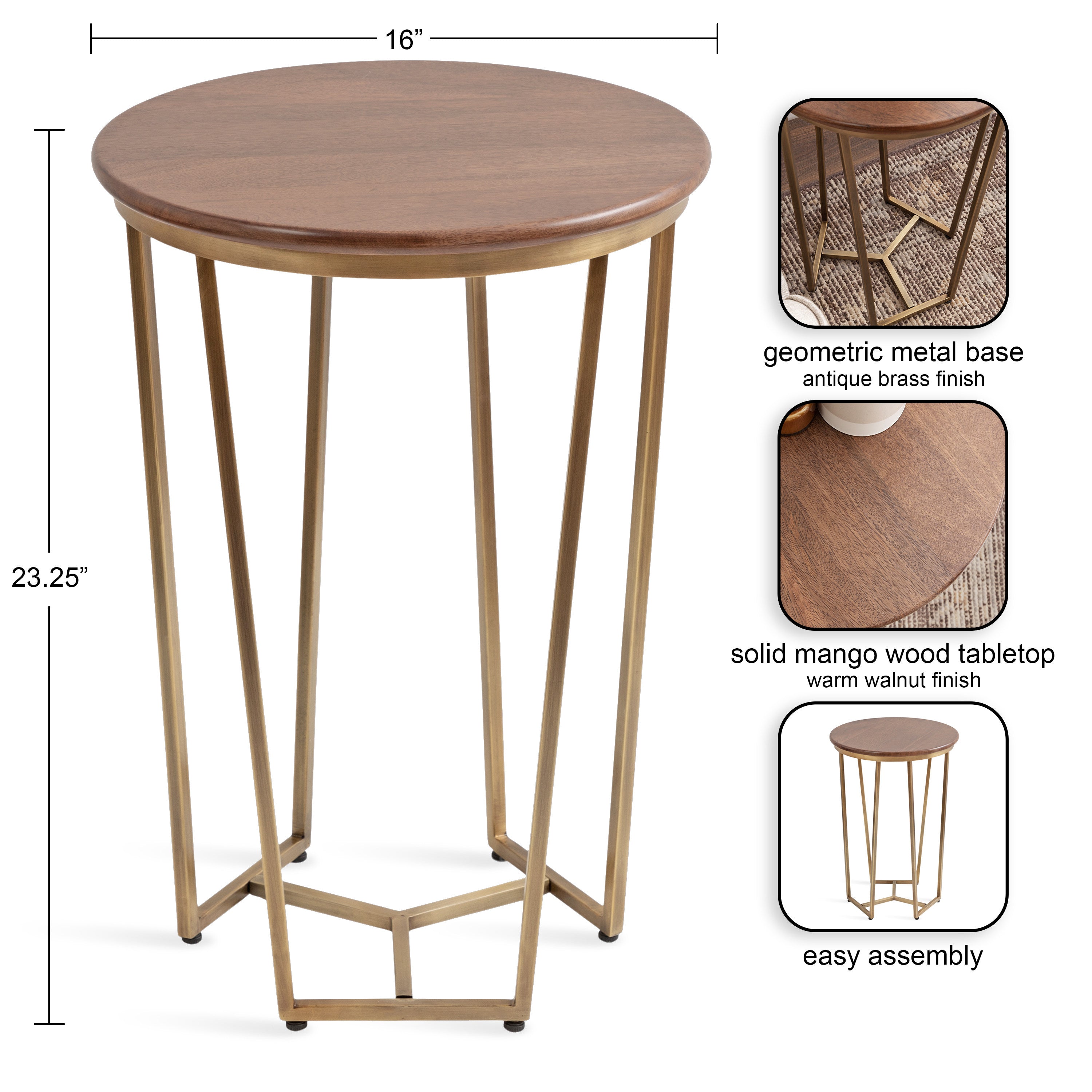 Side Table Walnut Brown Gold 16x16x24 2