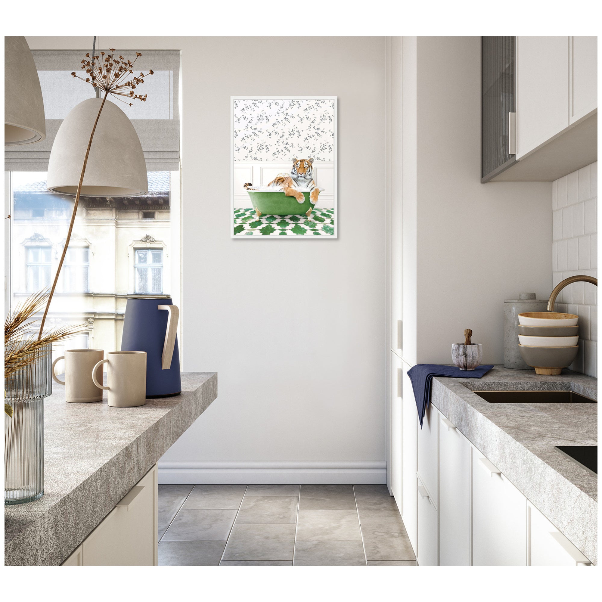 Sylvie Tiger in Eclectic Green Bathtub Framed Canvas by Amy Peterson