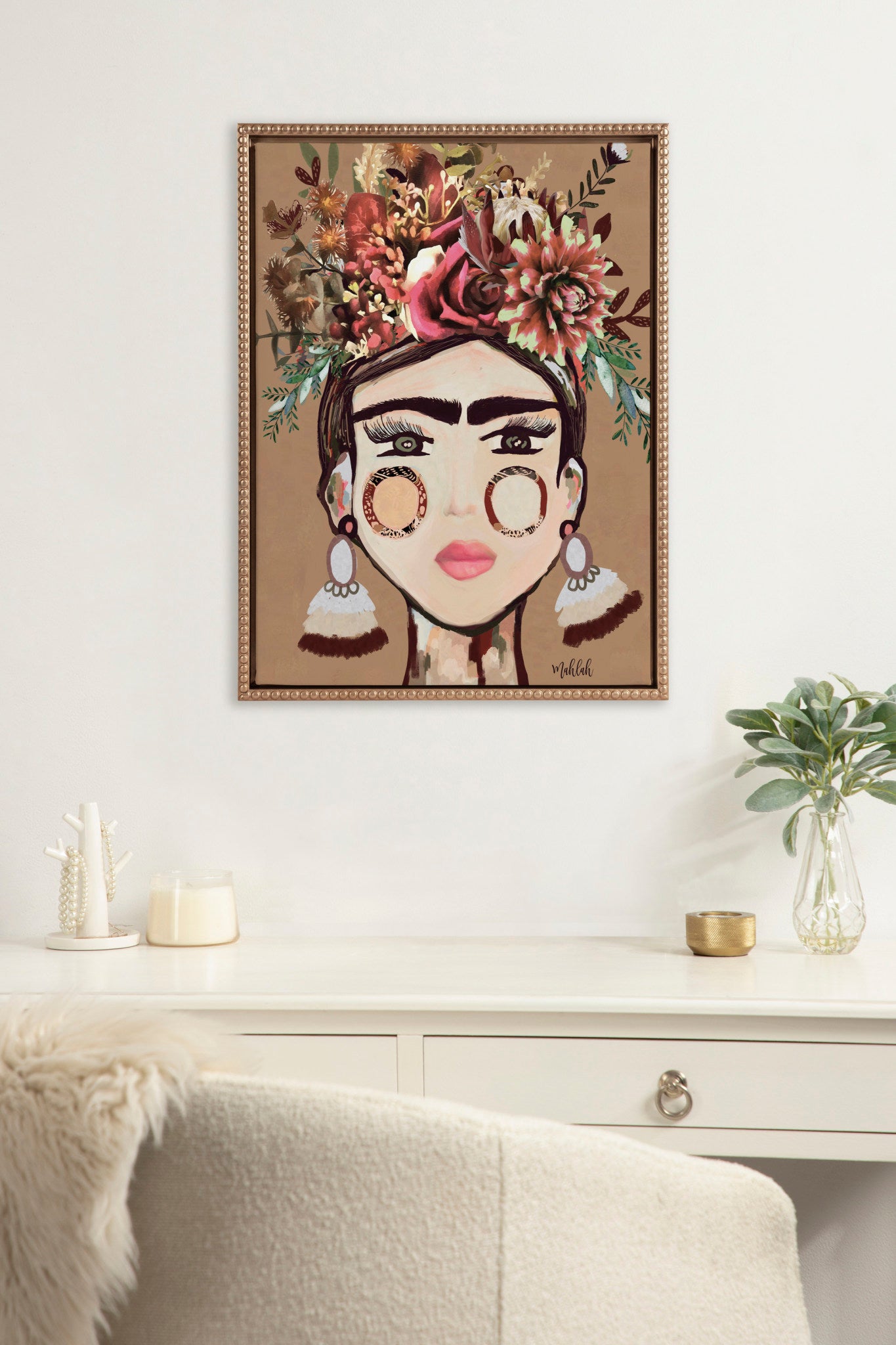 Sylvie Beaded Warm Frida Framed Canvas by Inkheart Designs