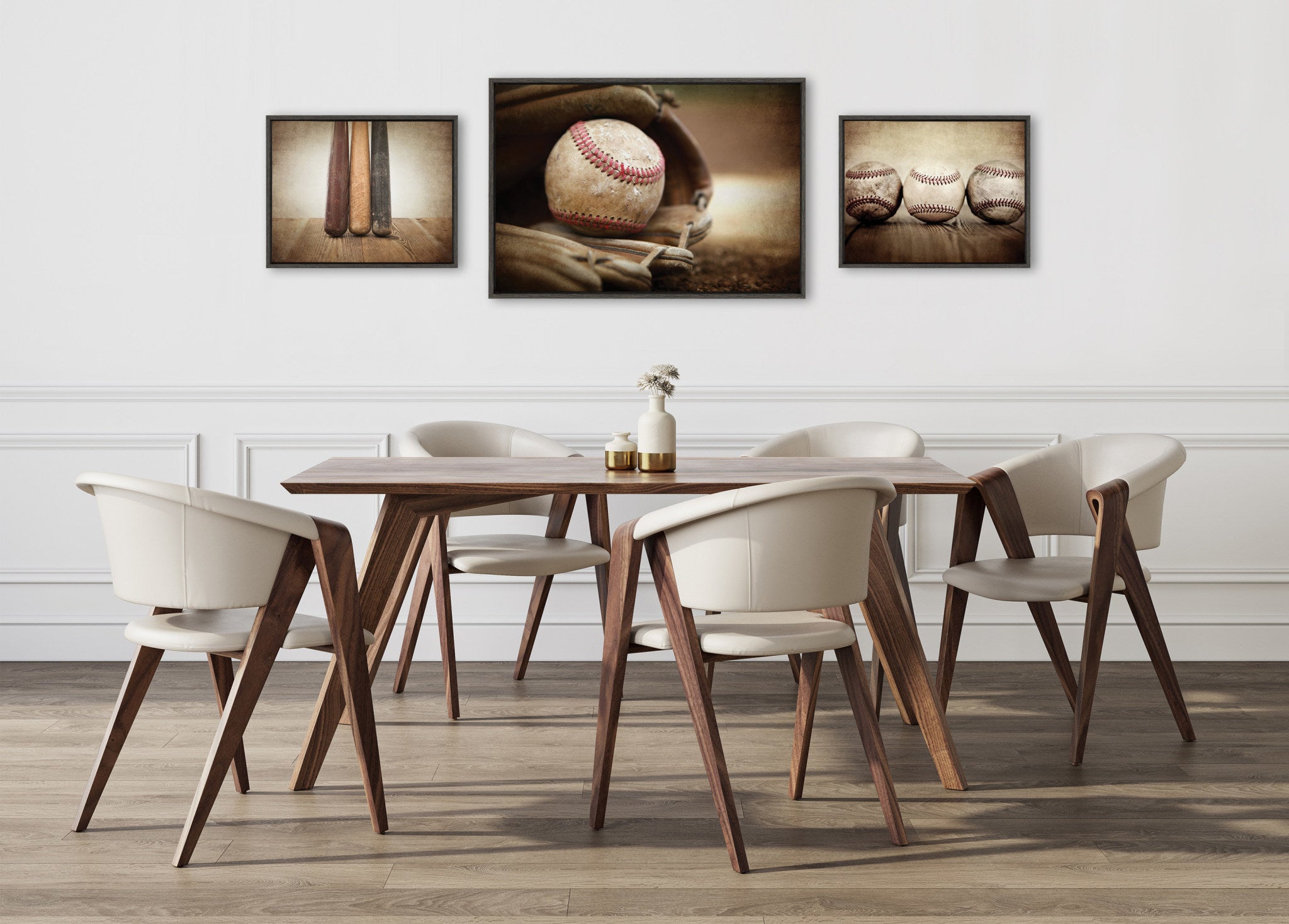 Sylvie Three Vintage Bats, Baseball Glove at Home Plate and Three Vintage Baseballs Framed Canvas Art Set by Saint and Sailor Studios