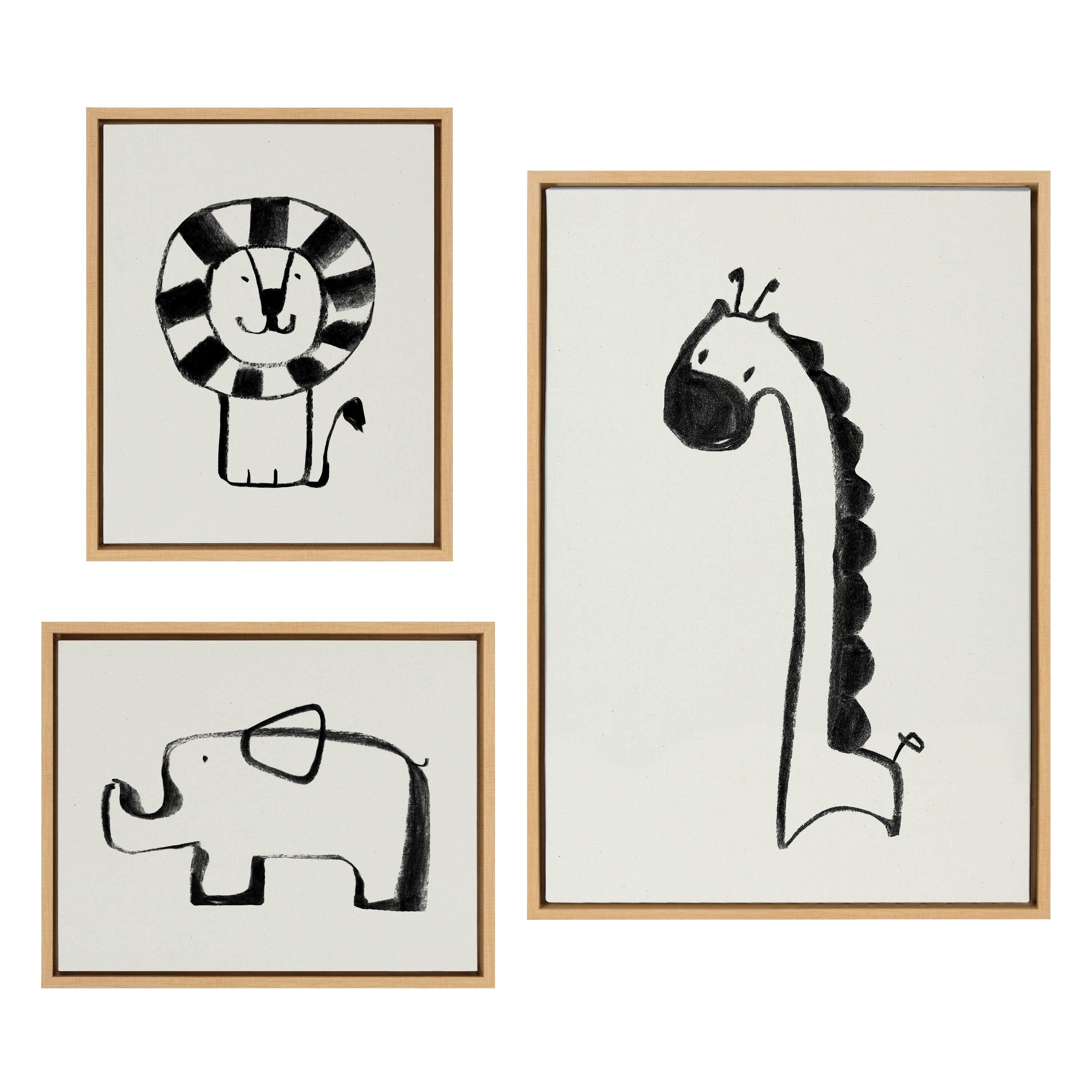 Sylvie 390 Giraffe BW, 409 Lion BW and 400 Elephant BW Framed Canvas Art Set by Teju Reval of SnazzyHues