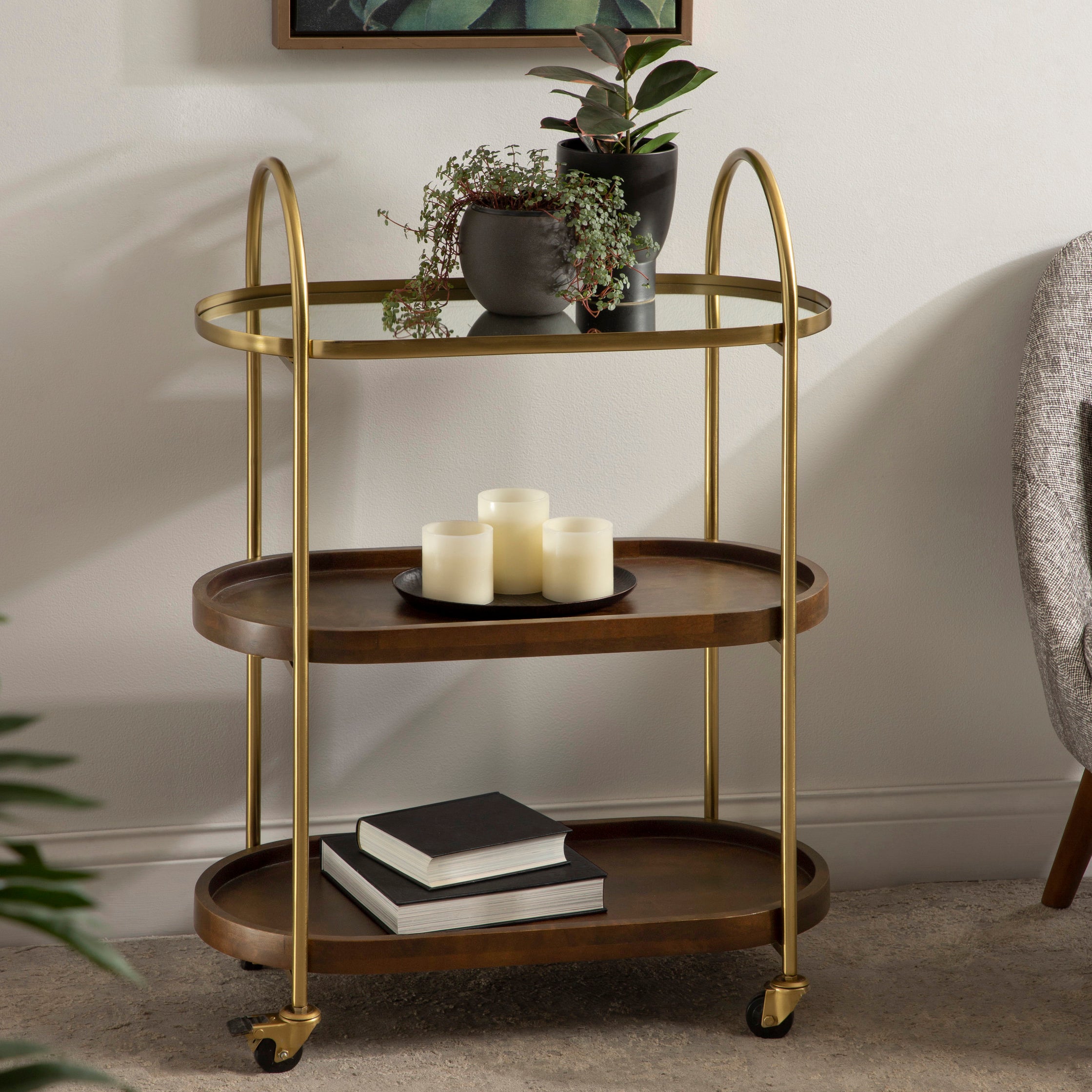 Bar Cart Walnut Brown Gold 26x13x36 7