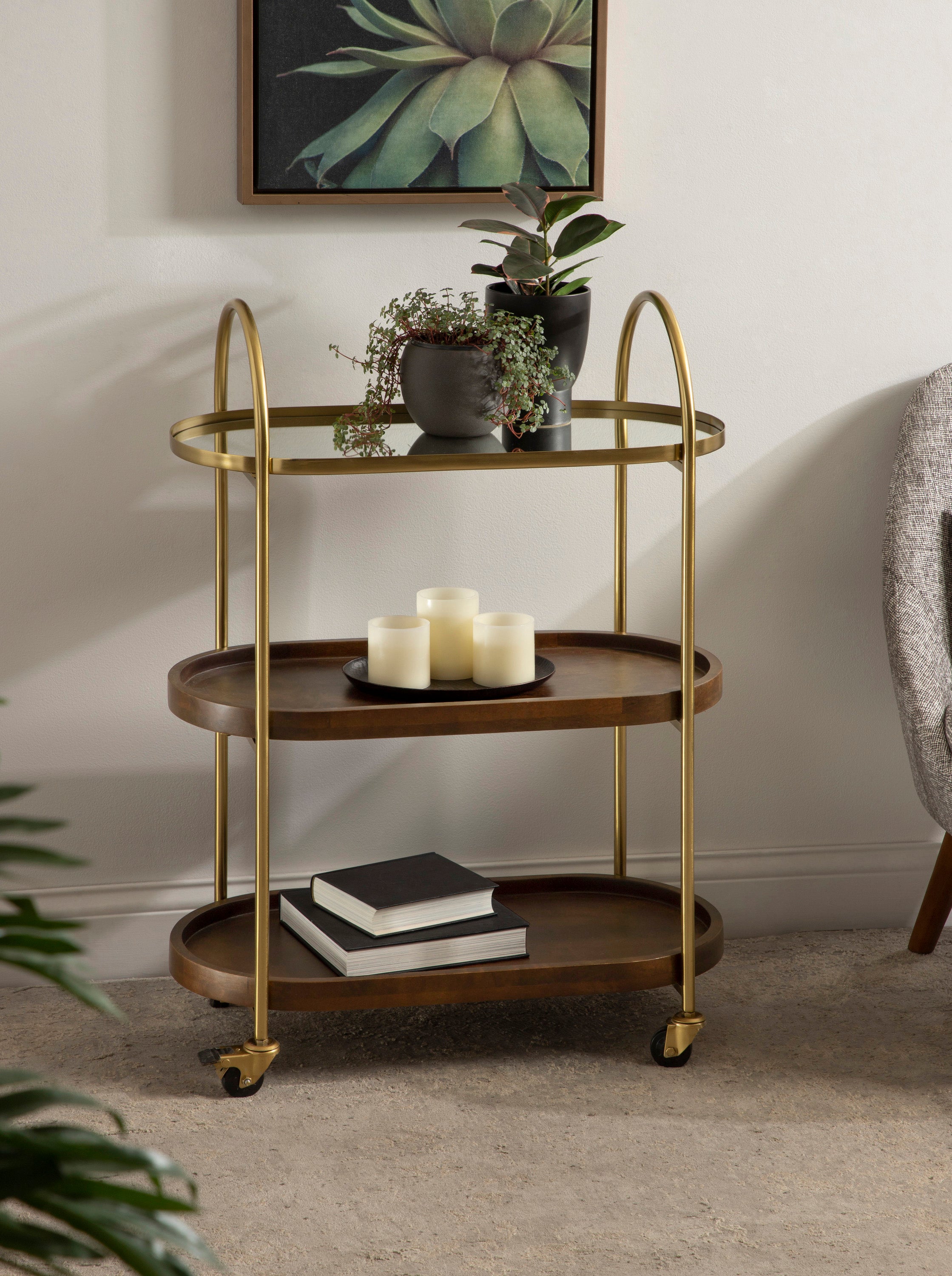 Bar Cart Walnut Brown Gold 26x13x36 7